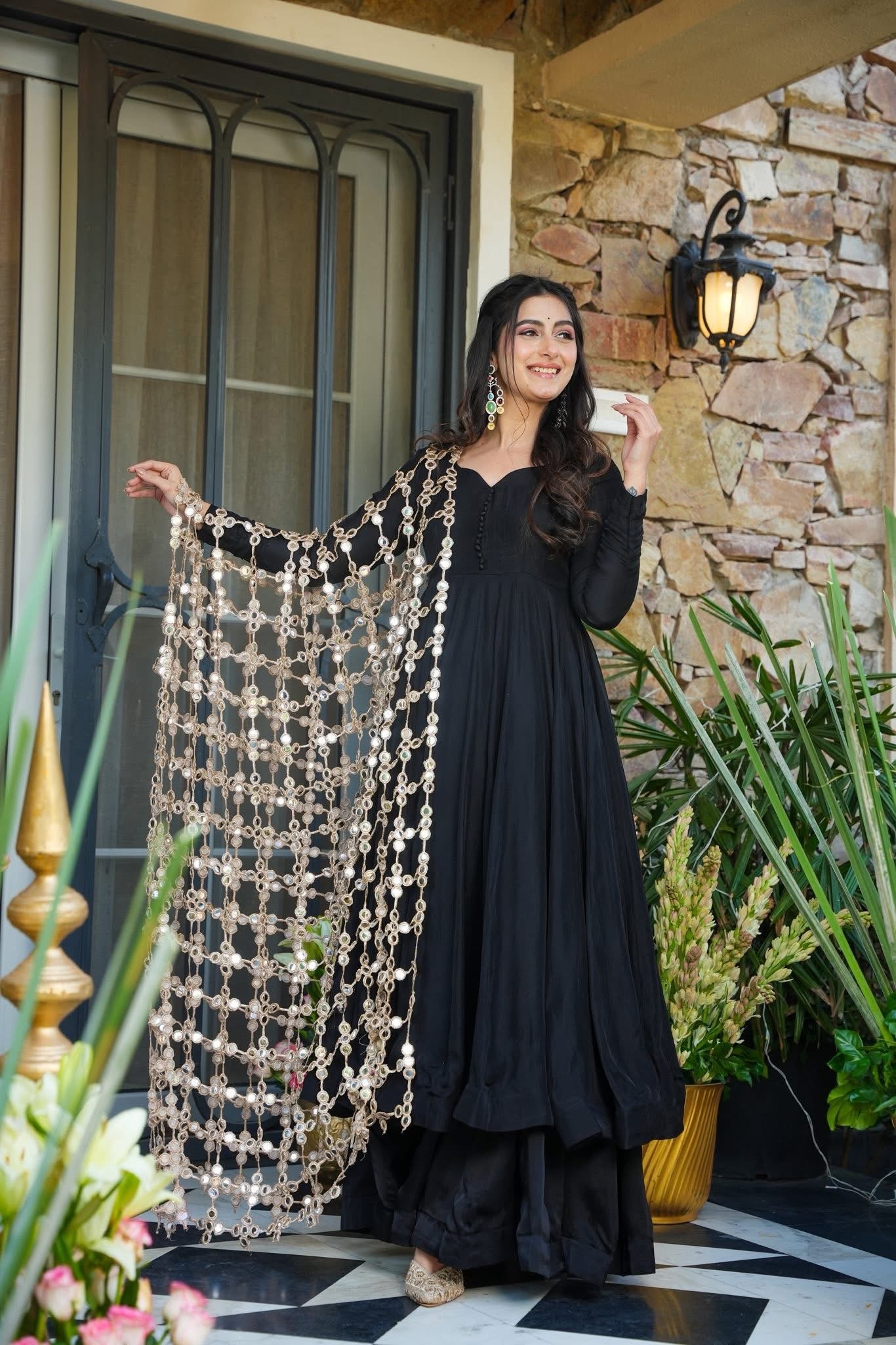 knee length dresses for ladies Designer Blooming Georgette Jade Black Long Anarkali Gown main image 1