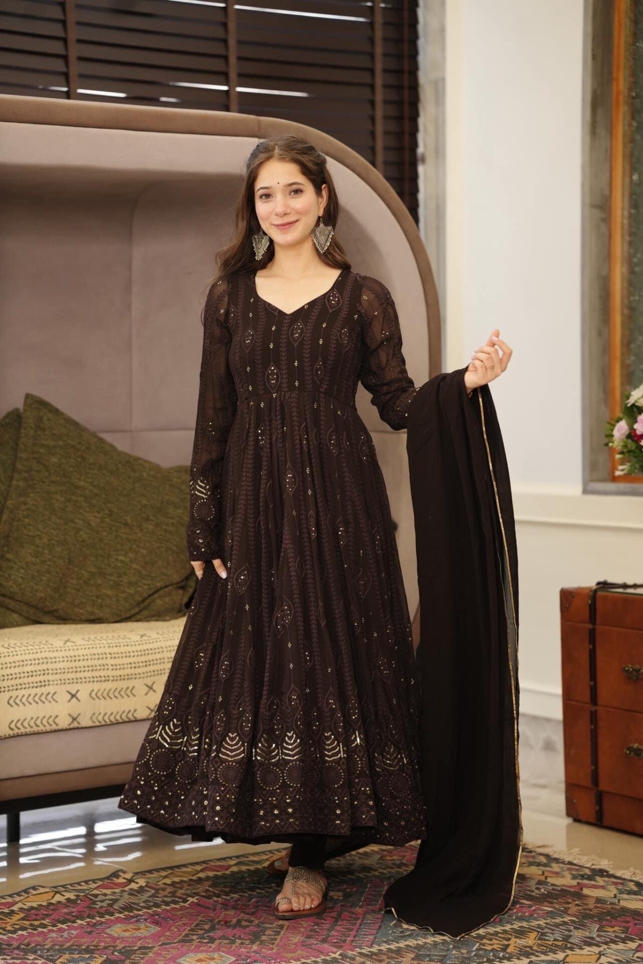 brown embroidered georgette suit set