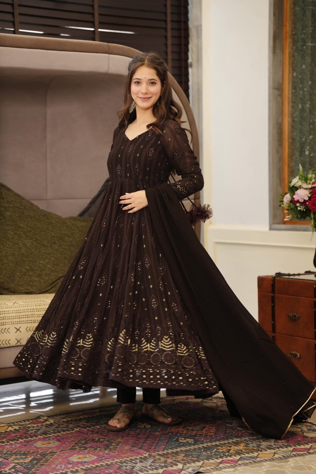 brown embroidered georgette suit set