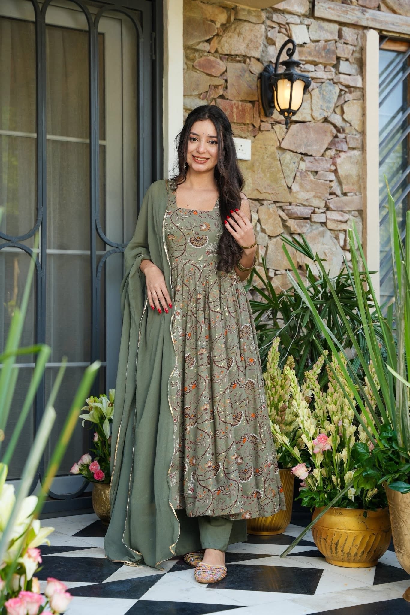Bishara Sage Rayon Anarkali Suit Set