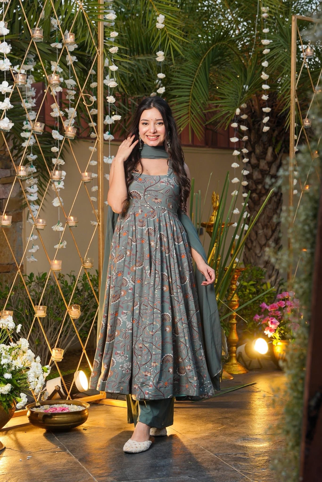 Greyish Printed Rayon Suit Set