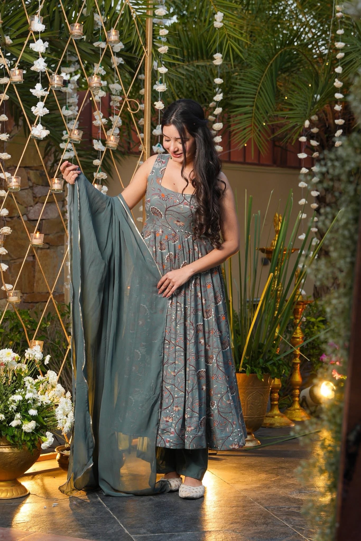 Greyish Printed Rayon Suit Set