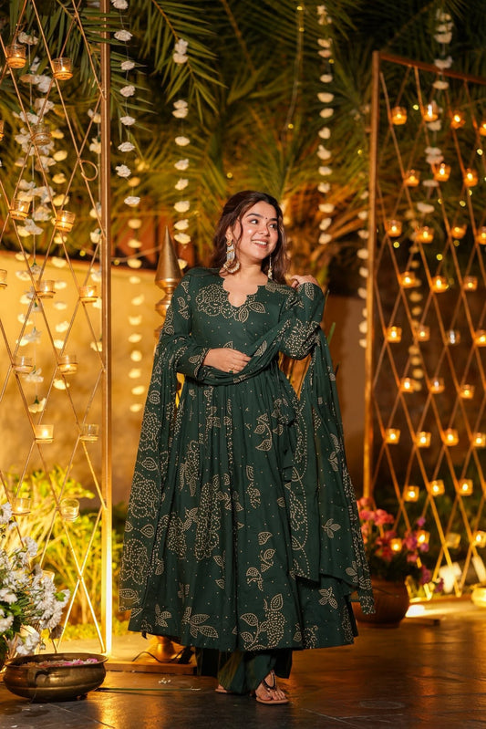 Vritika Green Cotton Anarkali Suit Set