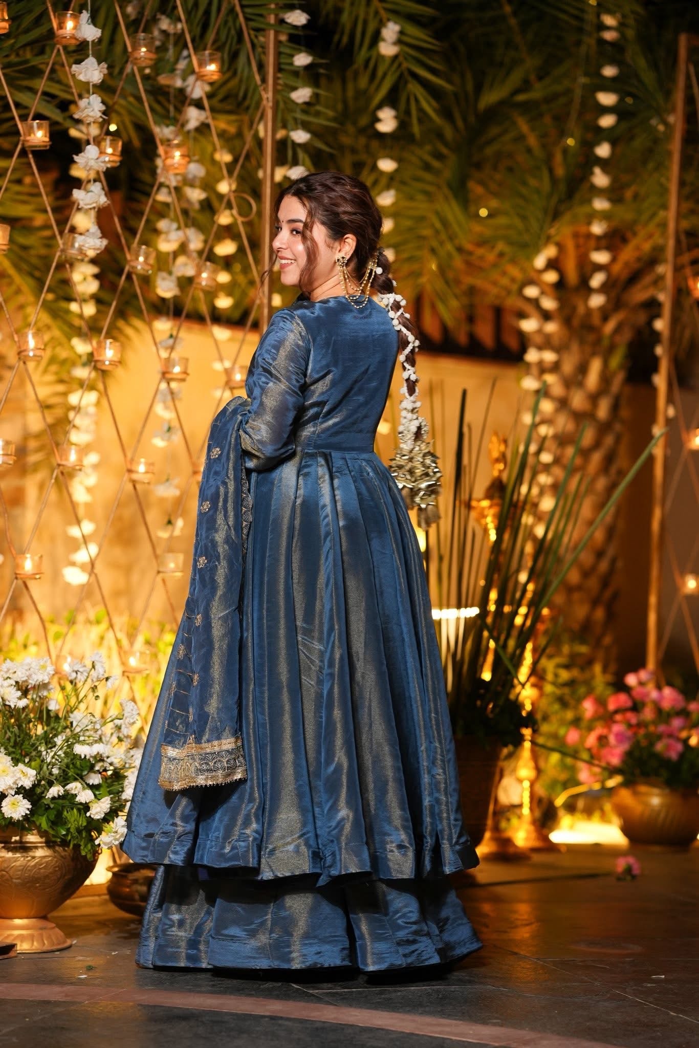 green emerald velvet dress Royal Midnight Blue Anarkali Suit Set Gold Embroidery – Qurbat main image 1