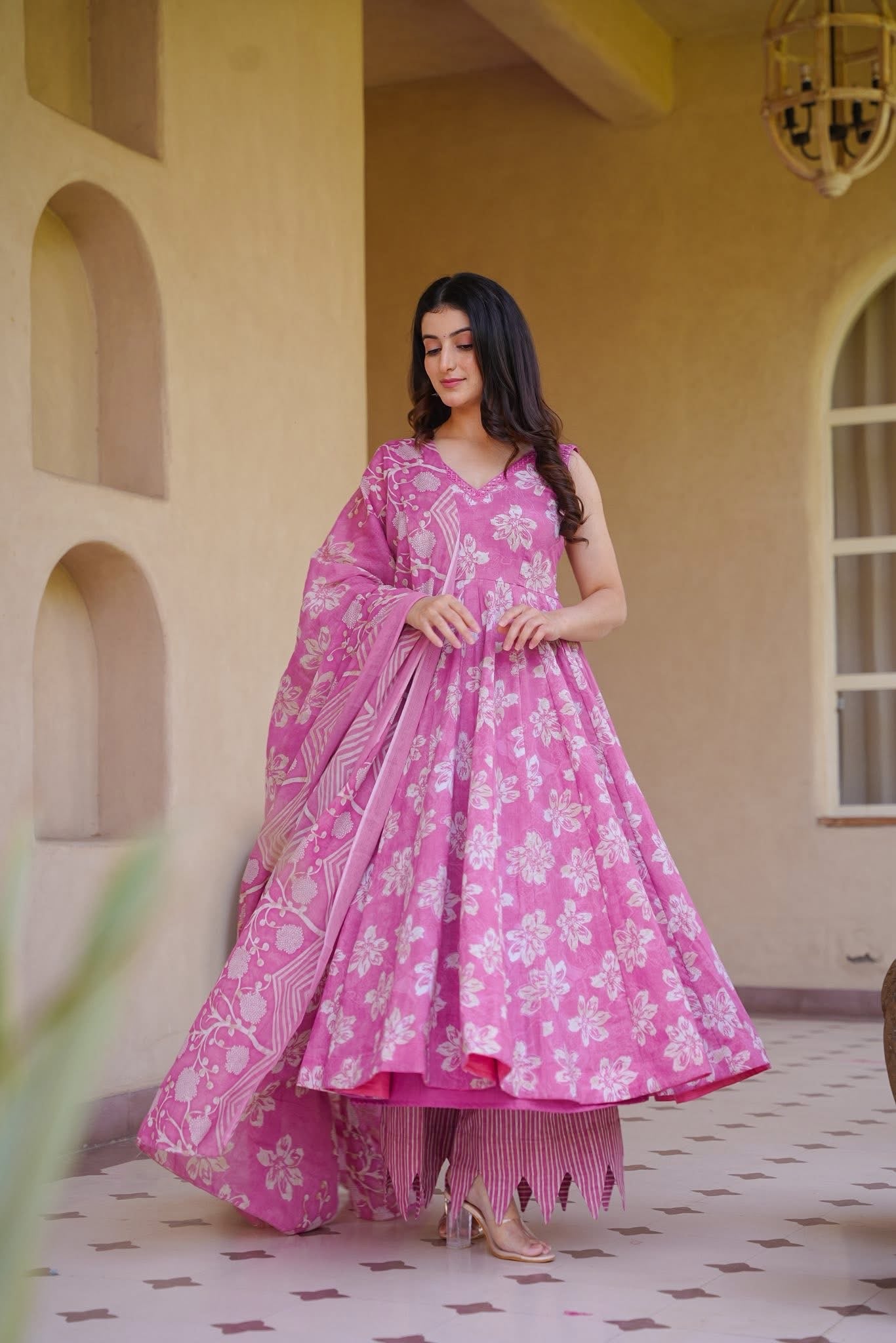 Buy Ruhirika Pink Cotton Anarkali Suit Set Online in India