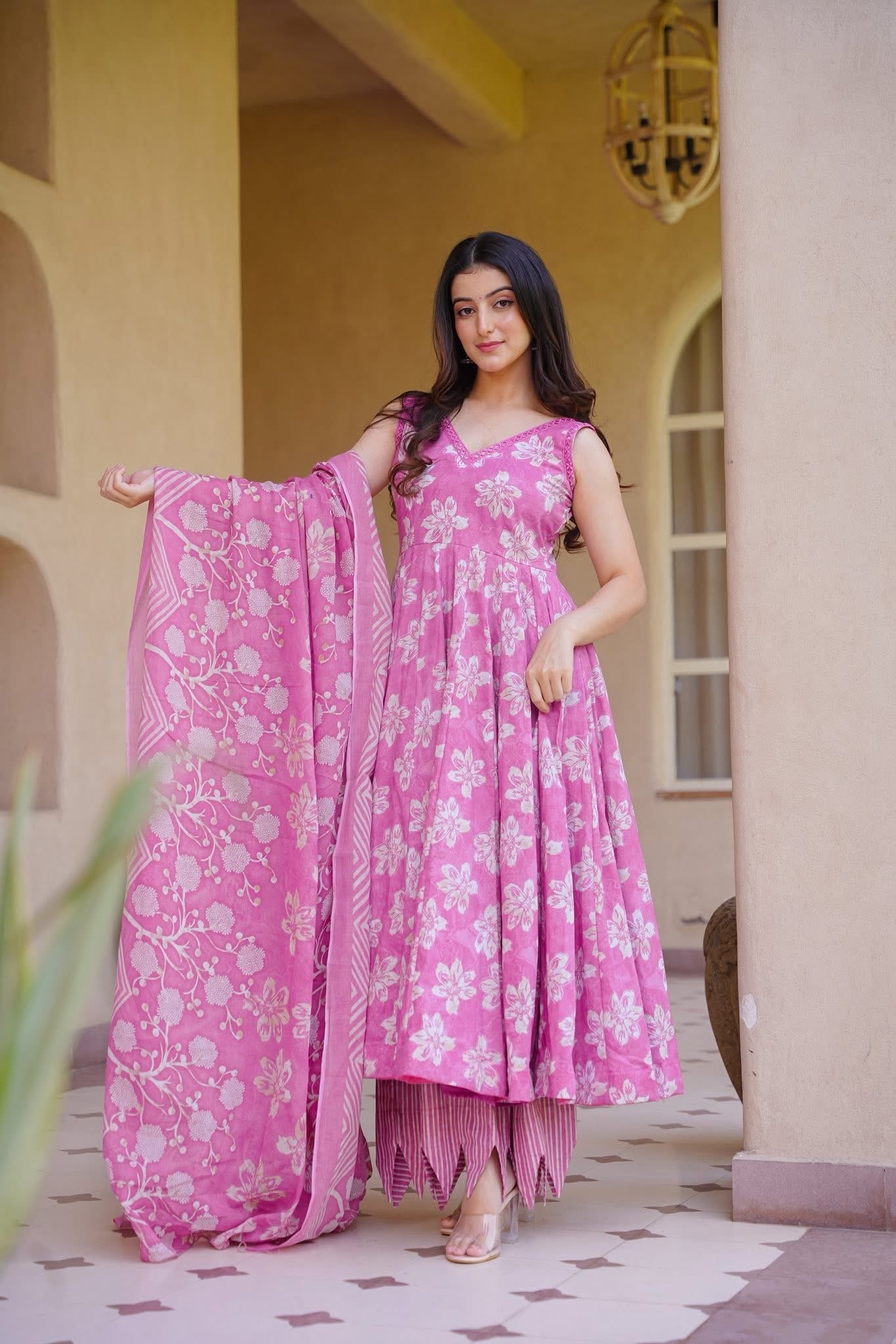 Ruhirika Pink Cotton Anarkali Suit Set