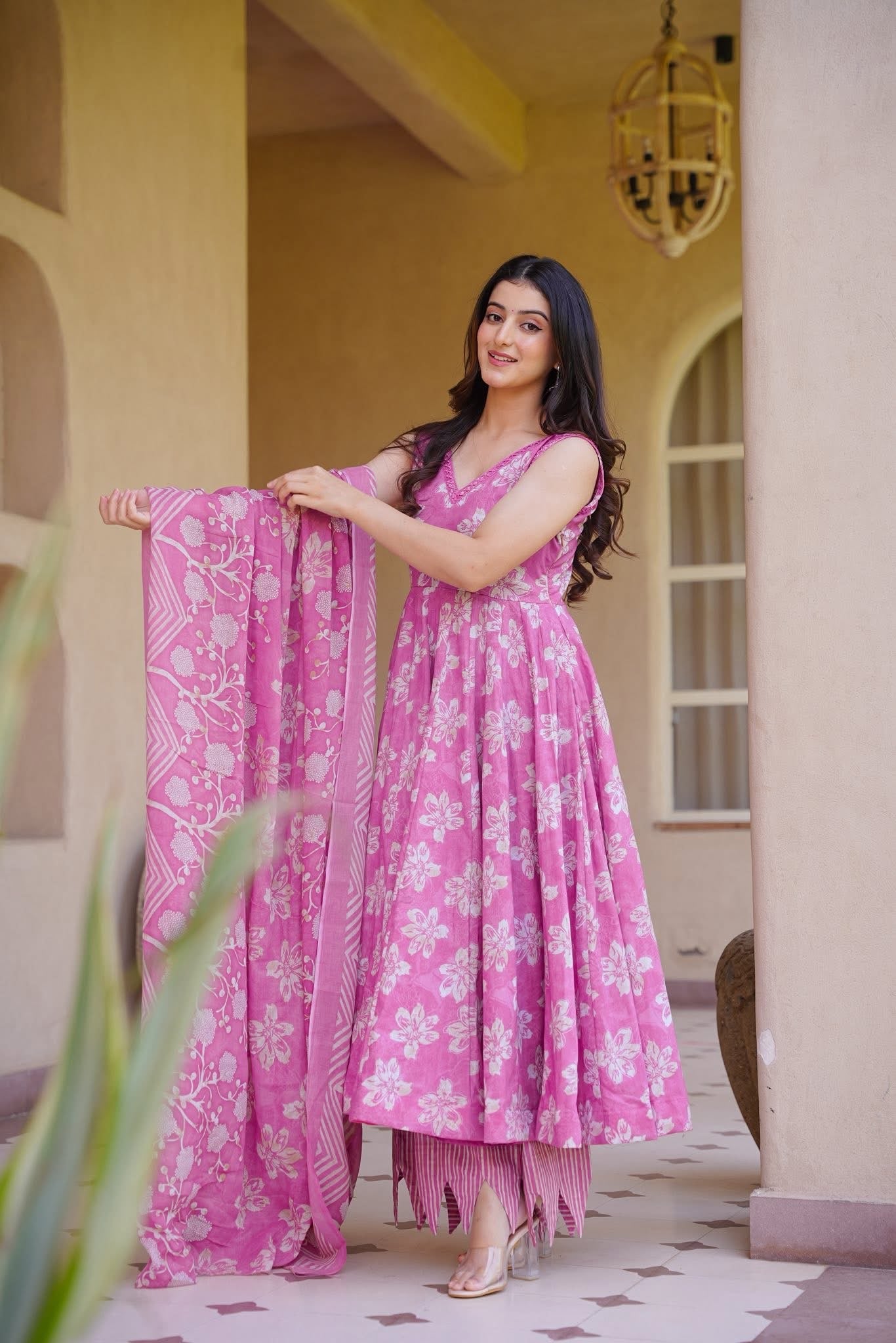 Ruhirika Pink Cotton Anarkali Suit Set