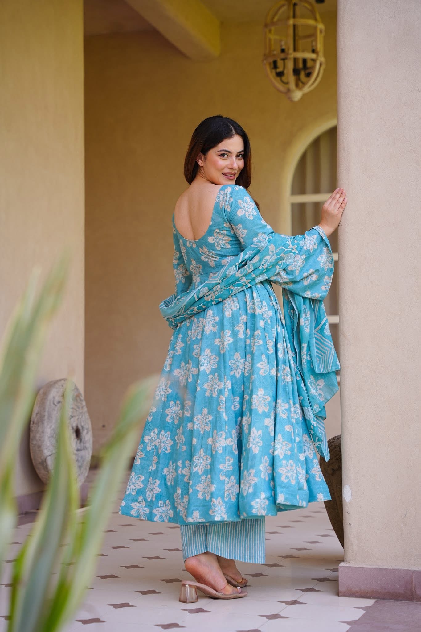 Geervani Blue Cotton Anarkali Suit Set