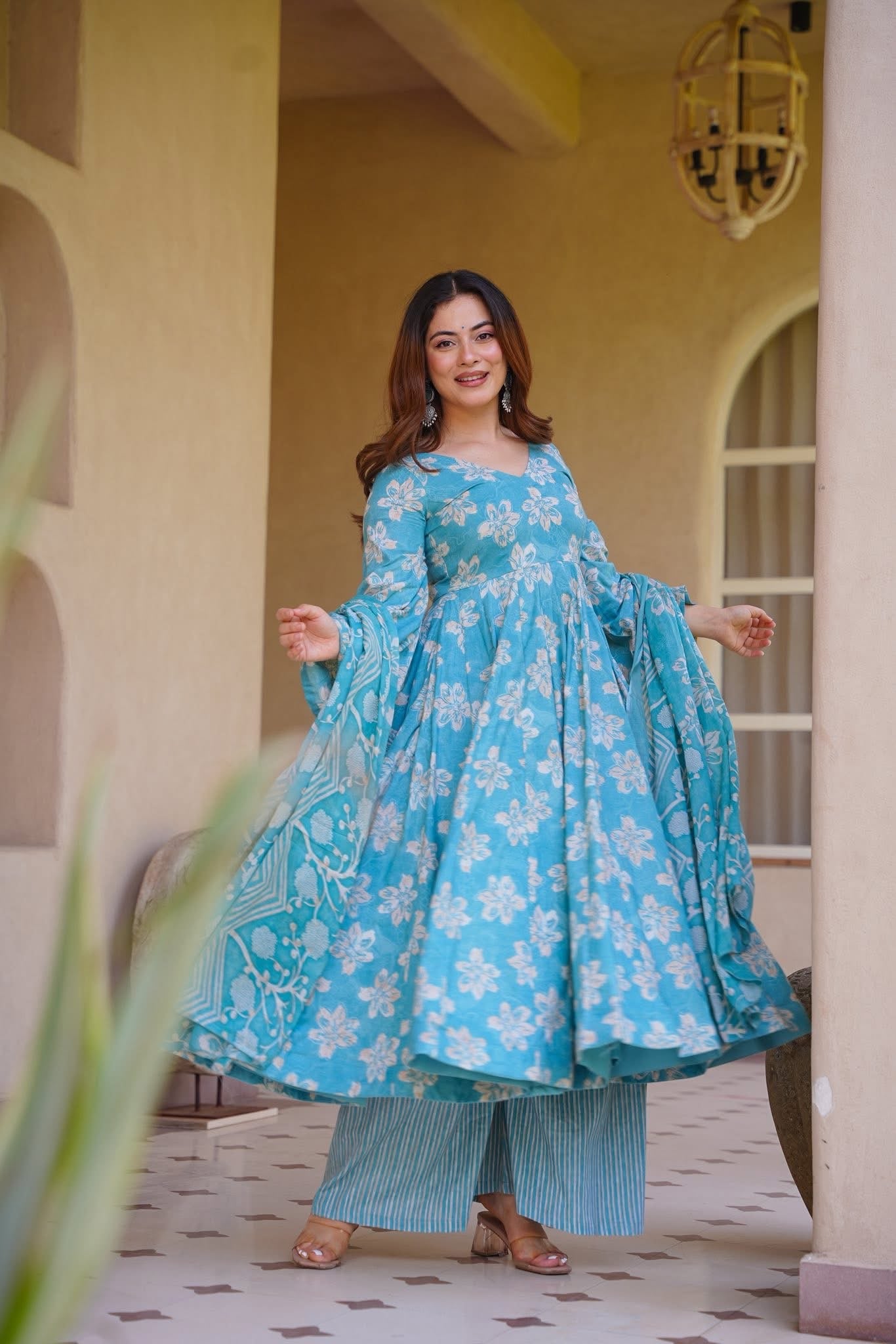 Geervani Blue Cotton Anarkali Suit Set