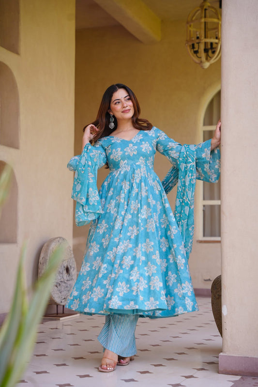 Geervani Blue Cotton Anarkali Suit Set