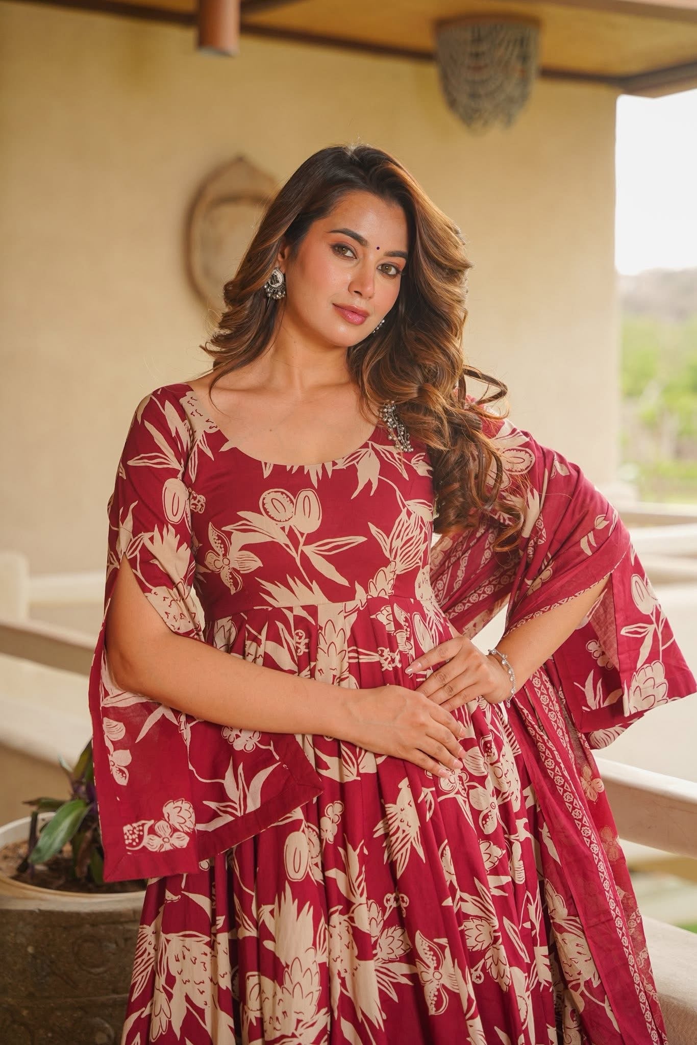 Lyovika Maroon Cotton Anarkali Suit Set