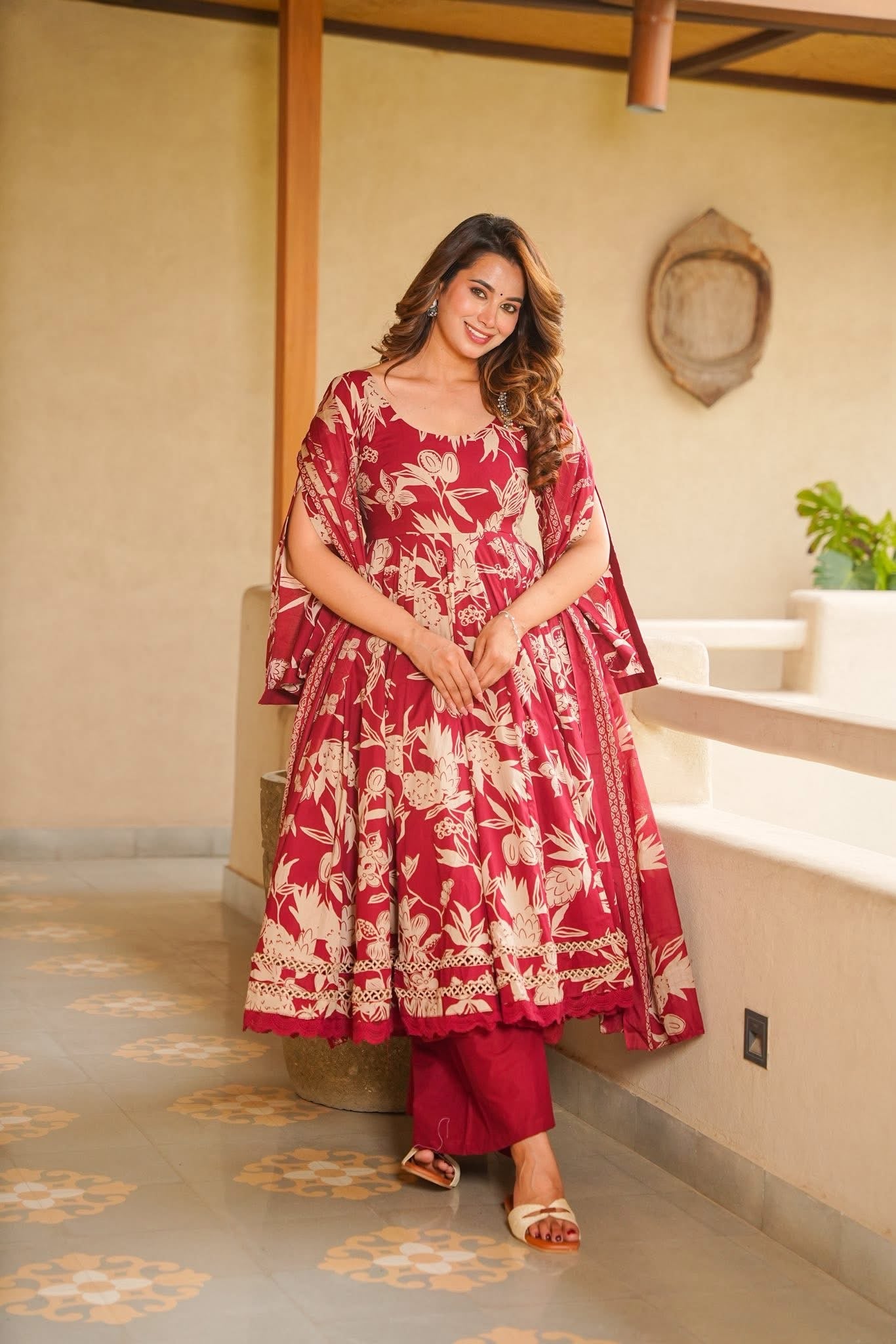 Lyovika Maroon Cotton Anarkali Suit Set