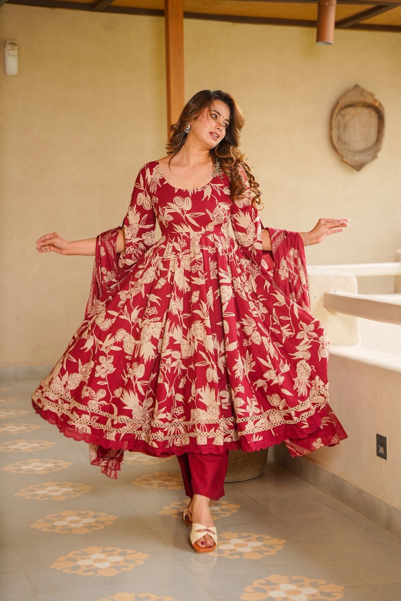 Lyovika Maroon Cotton Anarkali Suit Set