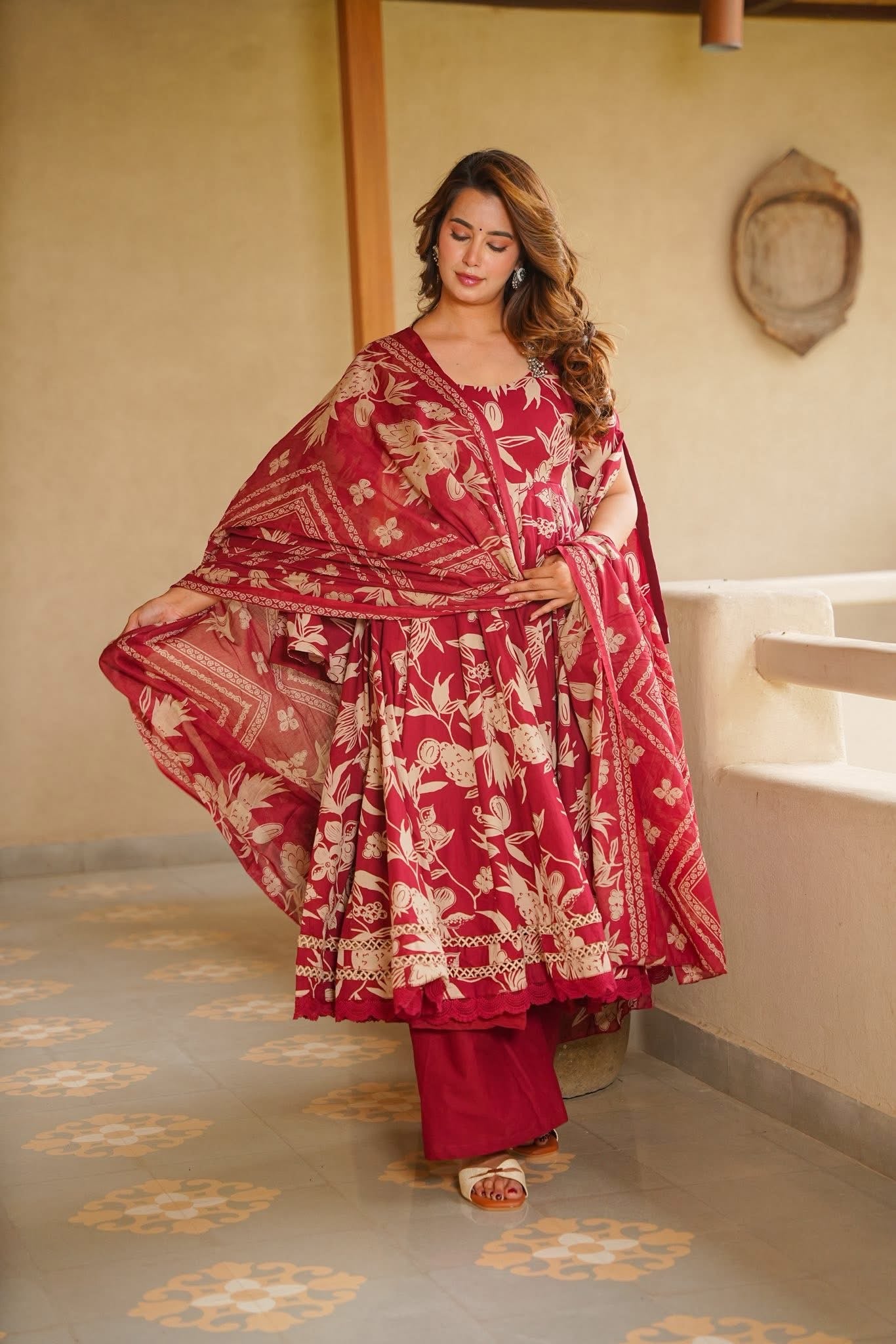 Lyovika Maroon Cotton Anarkali Suit Set