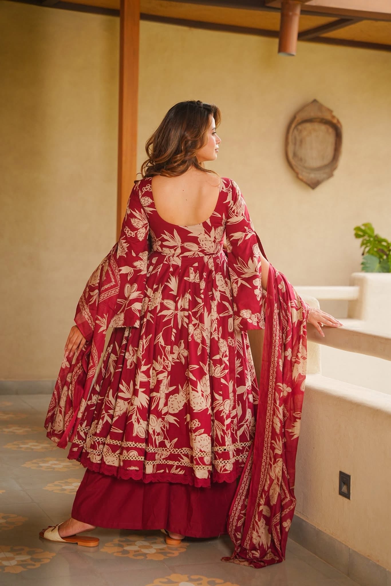 Lyovika Maroon Cotton Anarkali Suit Set