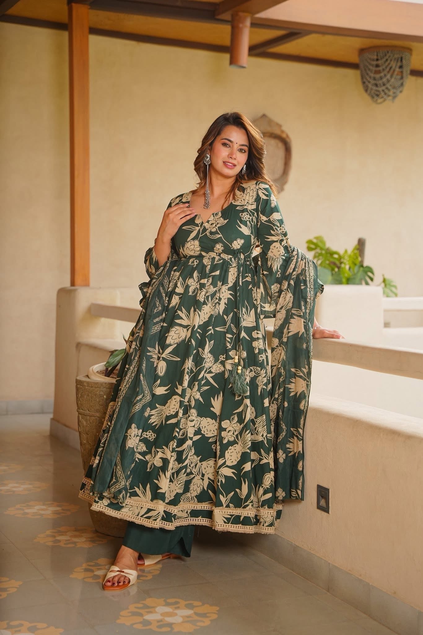 Nasrin Green Cotton Anarkali Suit Set