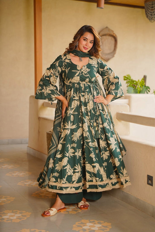 Nasrin Green Cotton Anarkali Suit Set