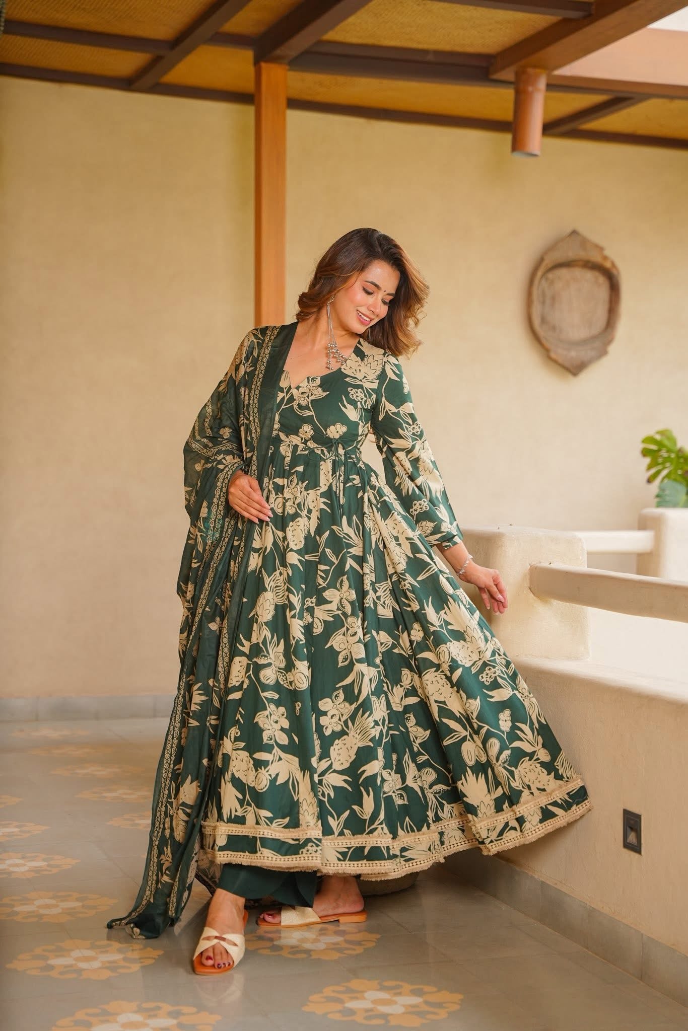 Nasrin Green Cotton Anarkali Suit Set