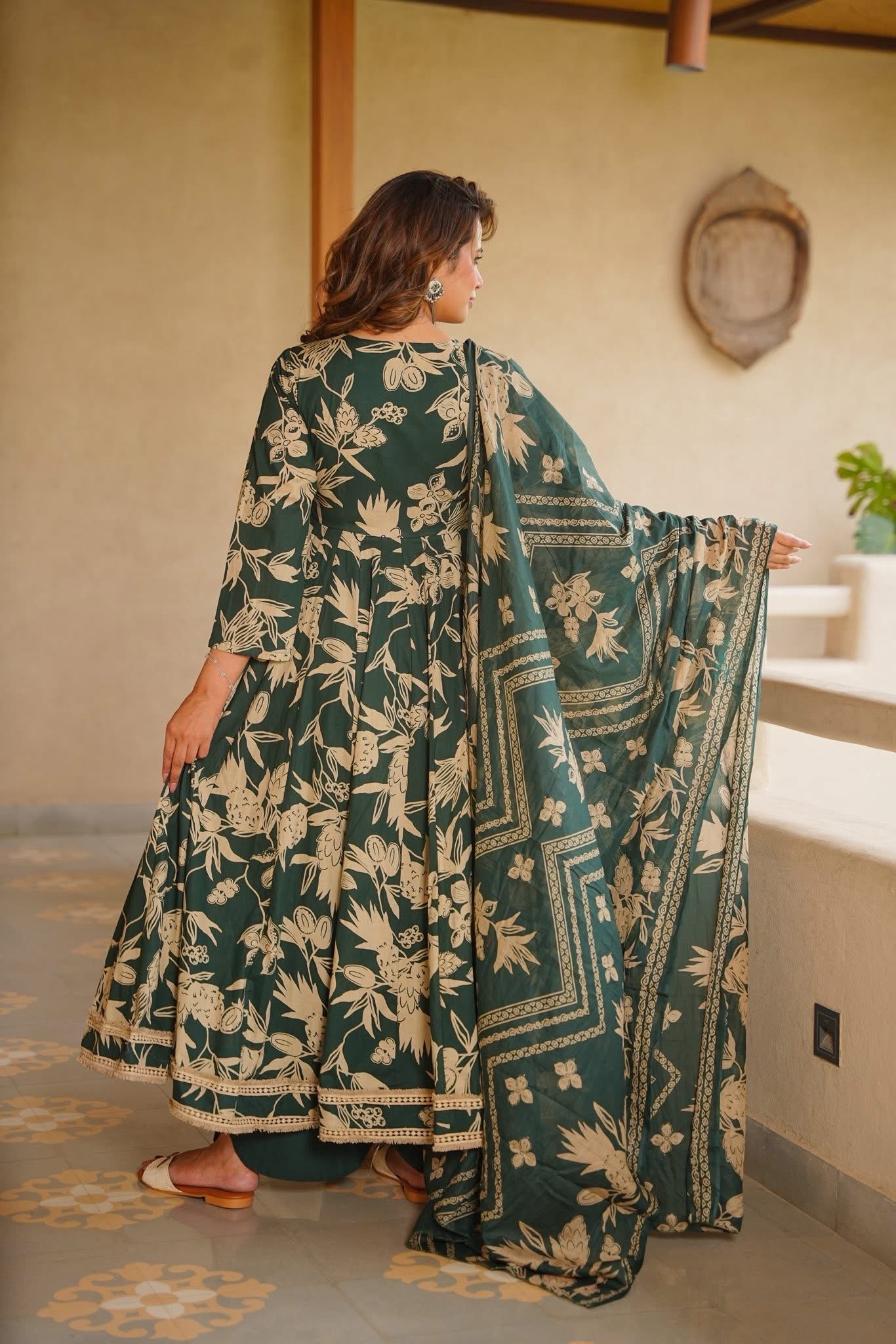 Nasrin Green Cotton Anarkali Suit Set