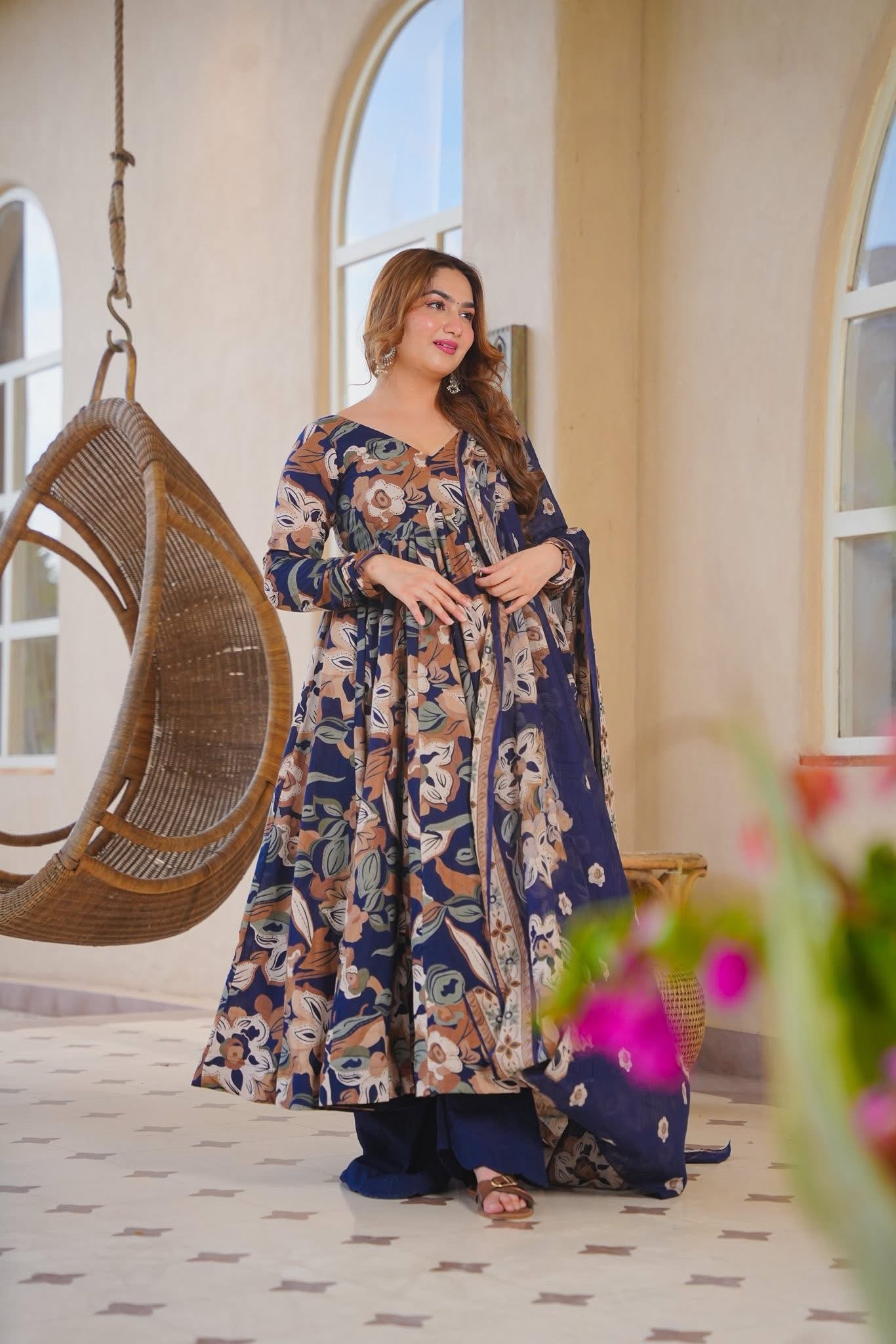 Neyvra Blue Cotton Anarkali Suit Set