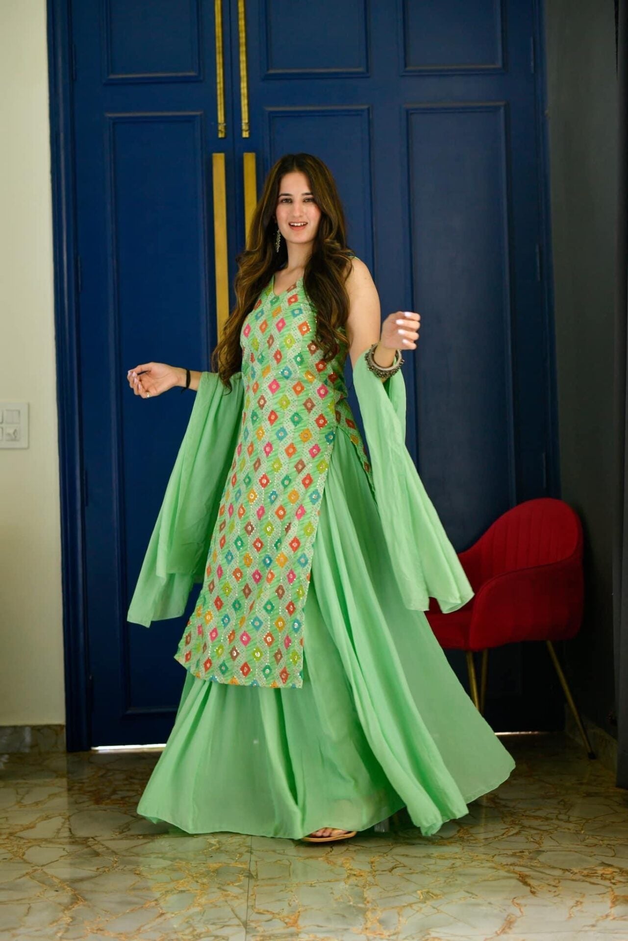 LIGHT GREEN EMBROIDERED KURTA PALAZZO SET
