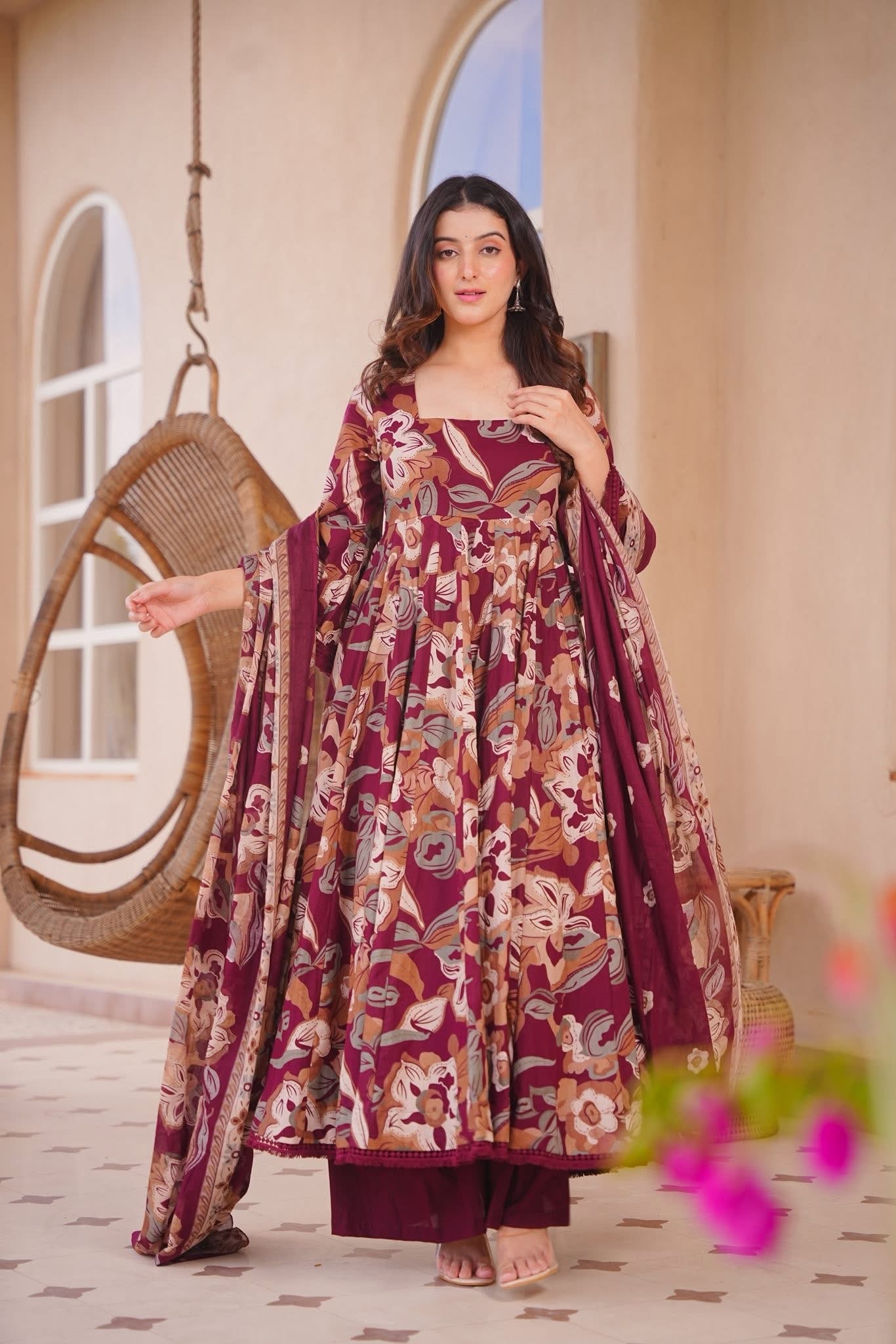 Invika Maroon Cotton Anarkali Suit Set