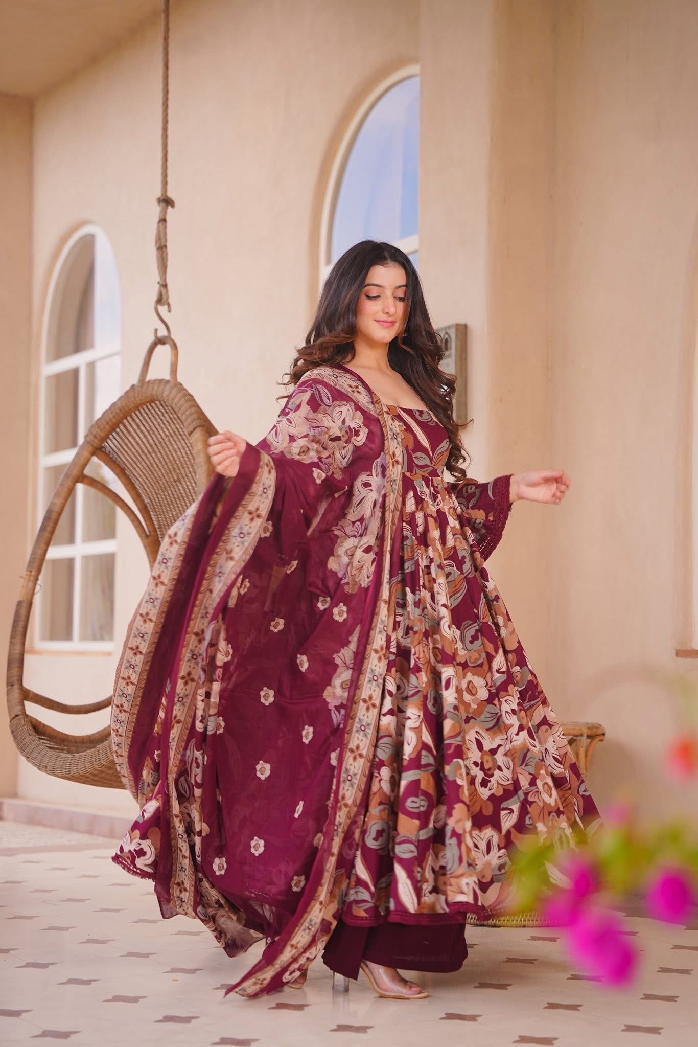 Invika Maroon Cotton Anarkali Suit Set