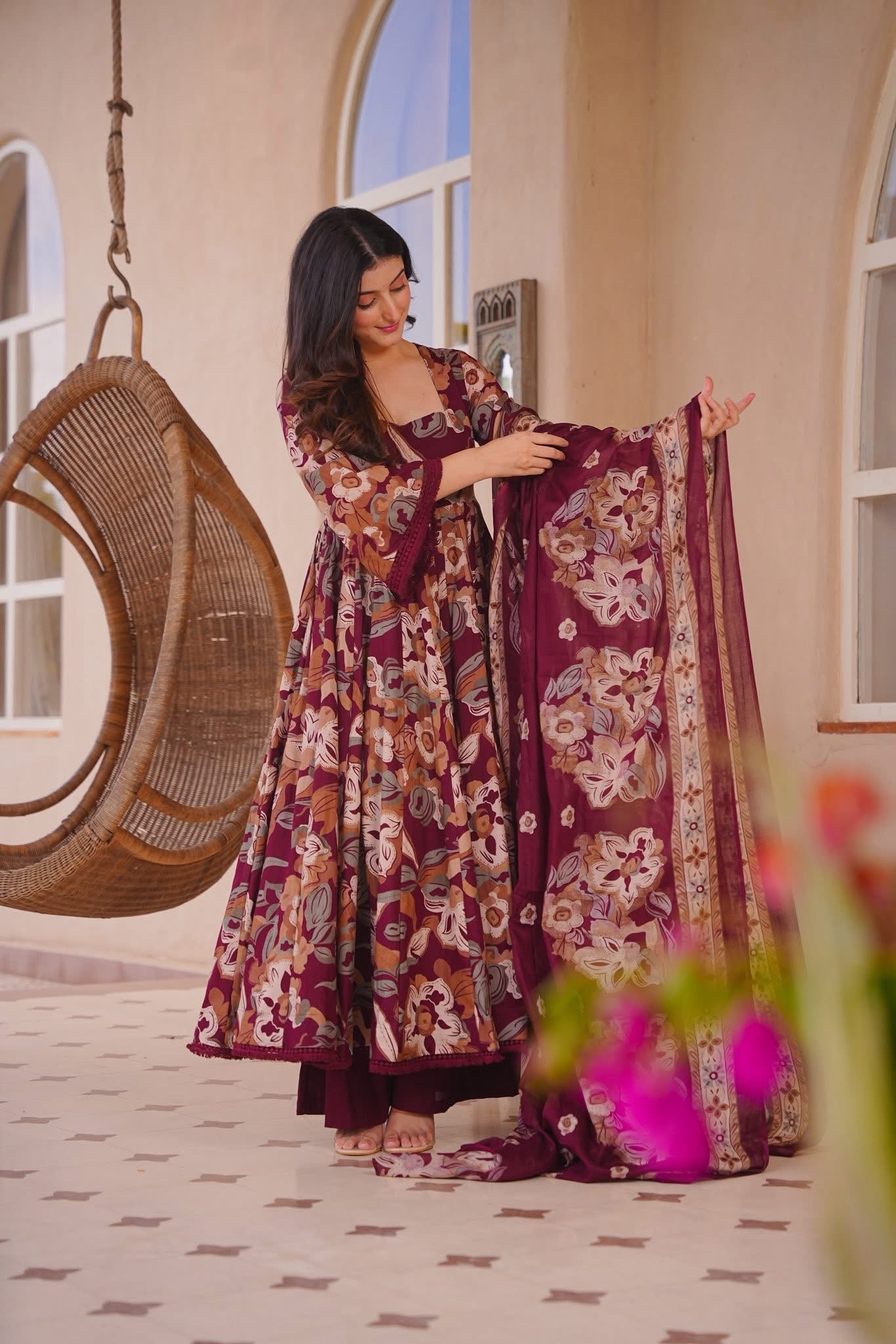 Invika Maroon Cotton Anarkali Suit Set