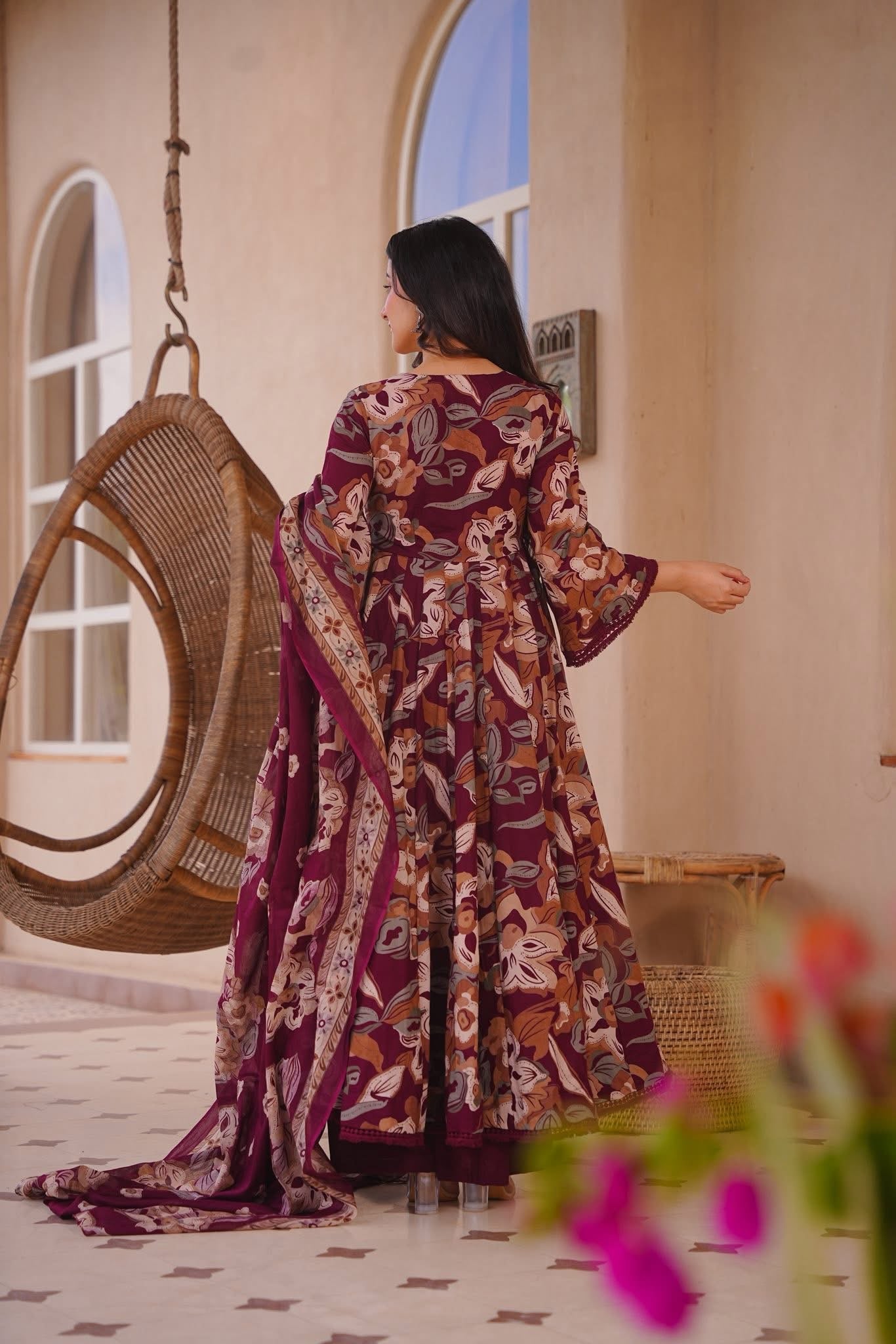 Invika Maroon Cotton Anarkali Suit Set