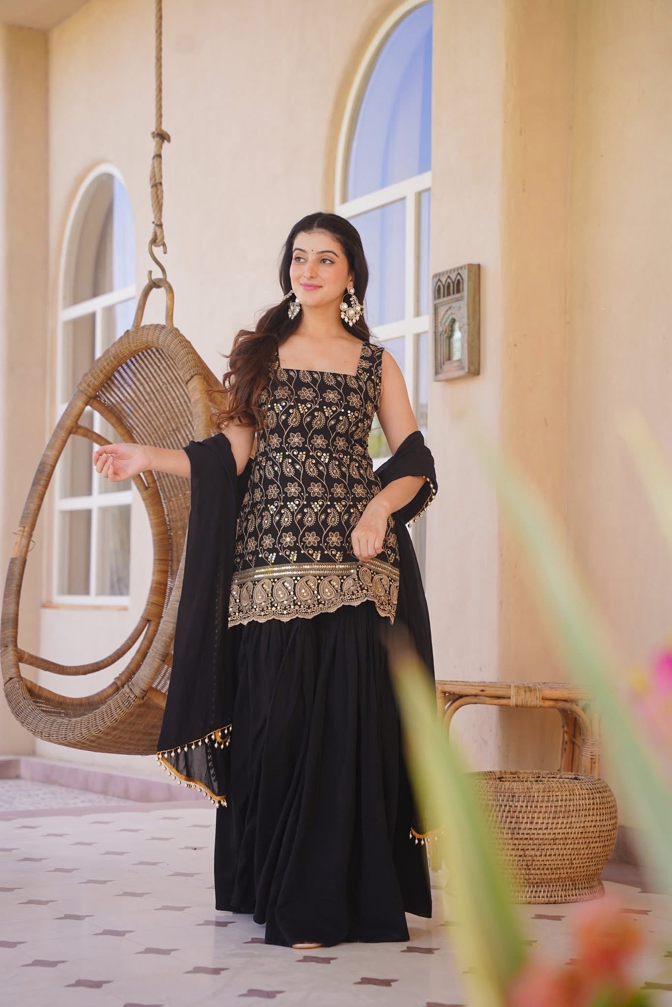 Vayusha Black Embroidered Sharara Set