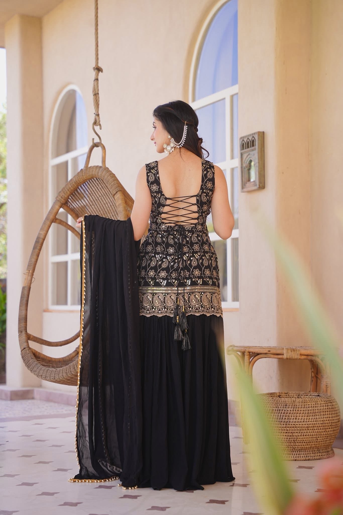 Vayusha Black Embroidered Sharara Set