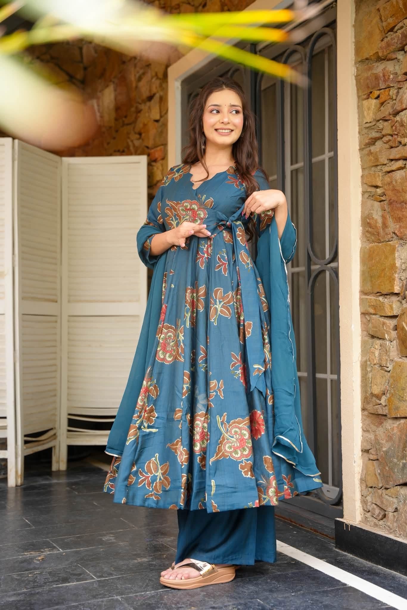 Hrishita Teal Cotton Anarkali Suit Set