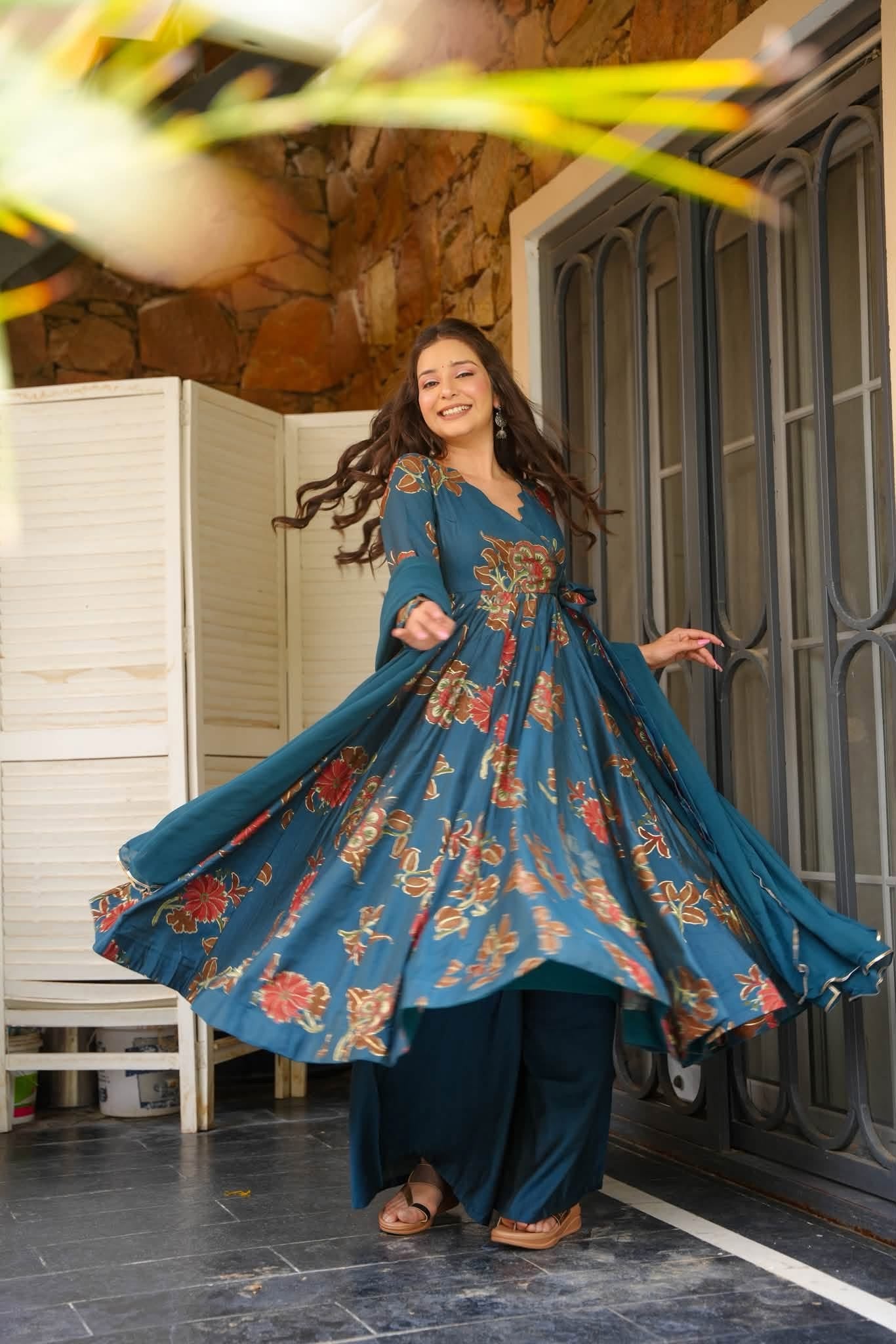 Hrishita Teal Cotton Anarkali Suit Set
