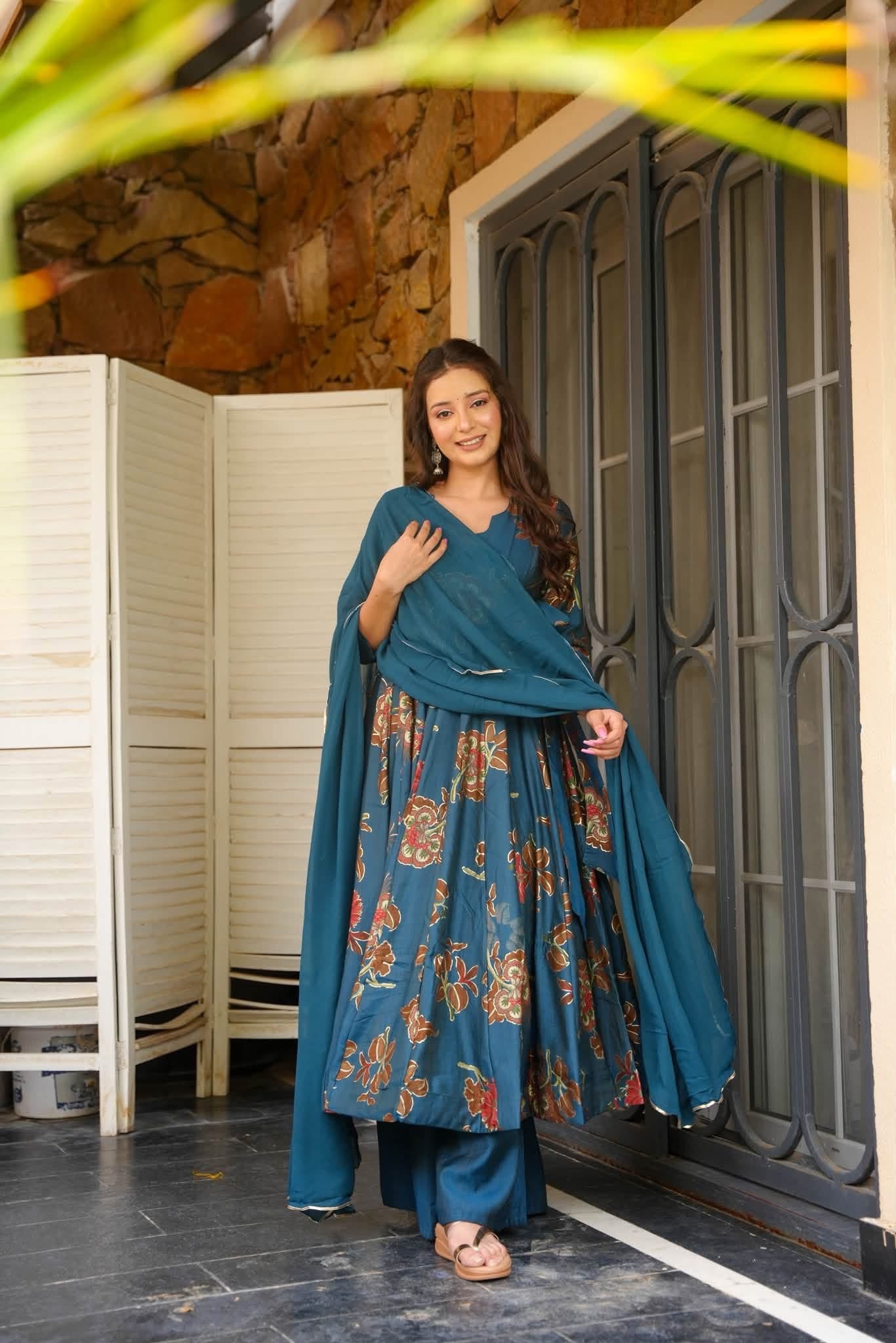 Hrishita Teal Cotton Anarkali Suit Set