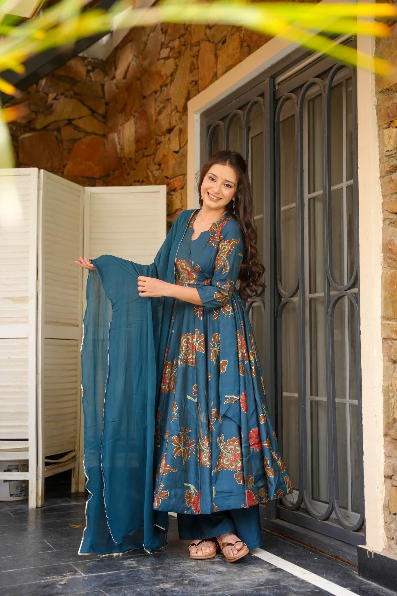 Hrishita Teal Cotton Anarkali Suit Set