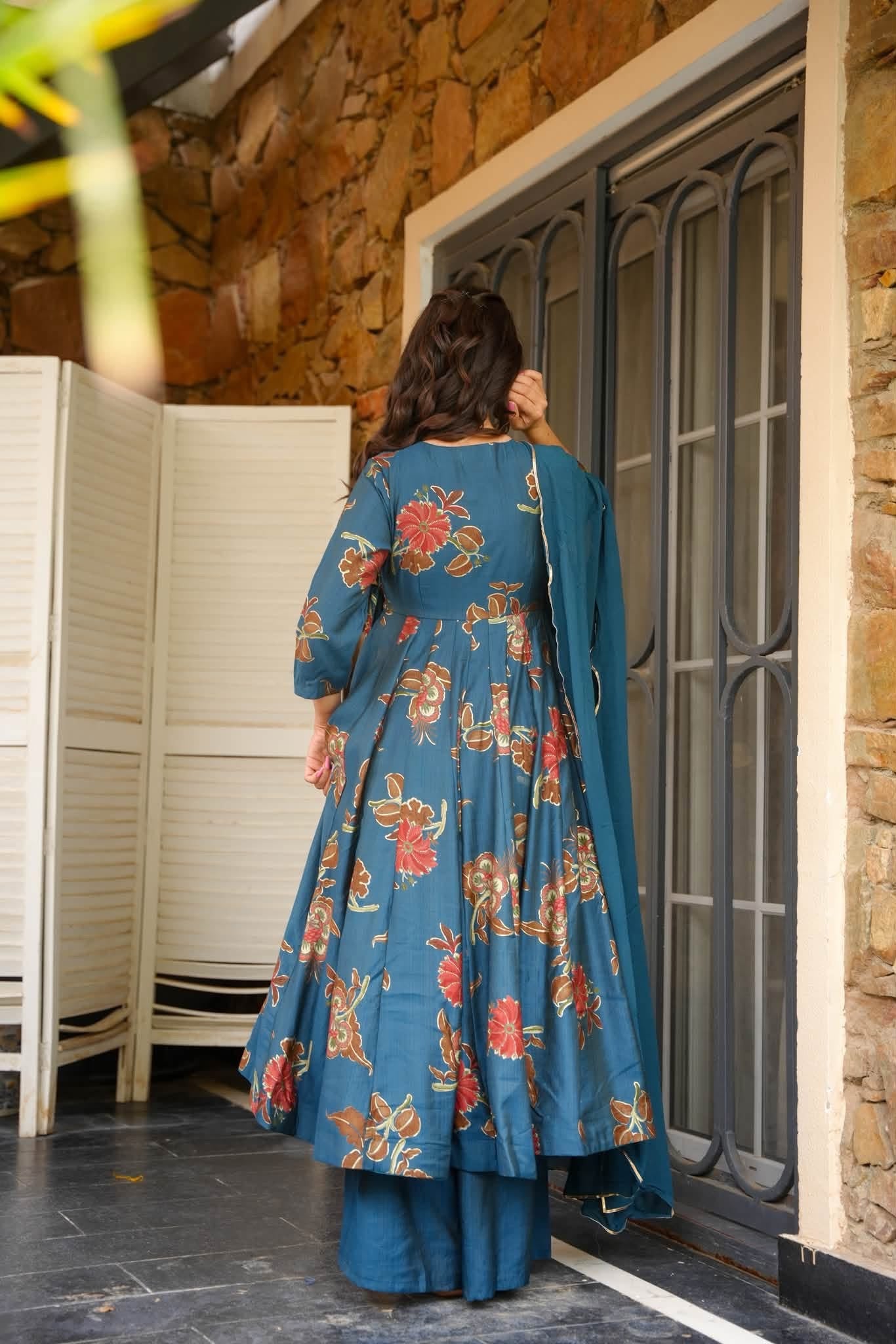 Hrishita Teal Cotton Anarkali Suit Set