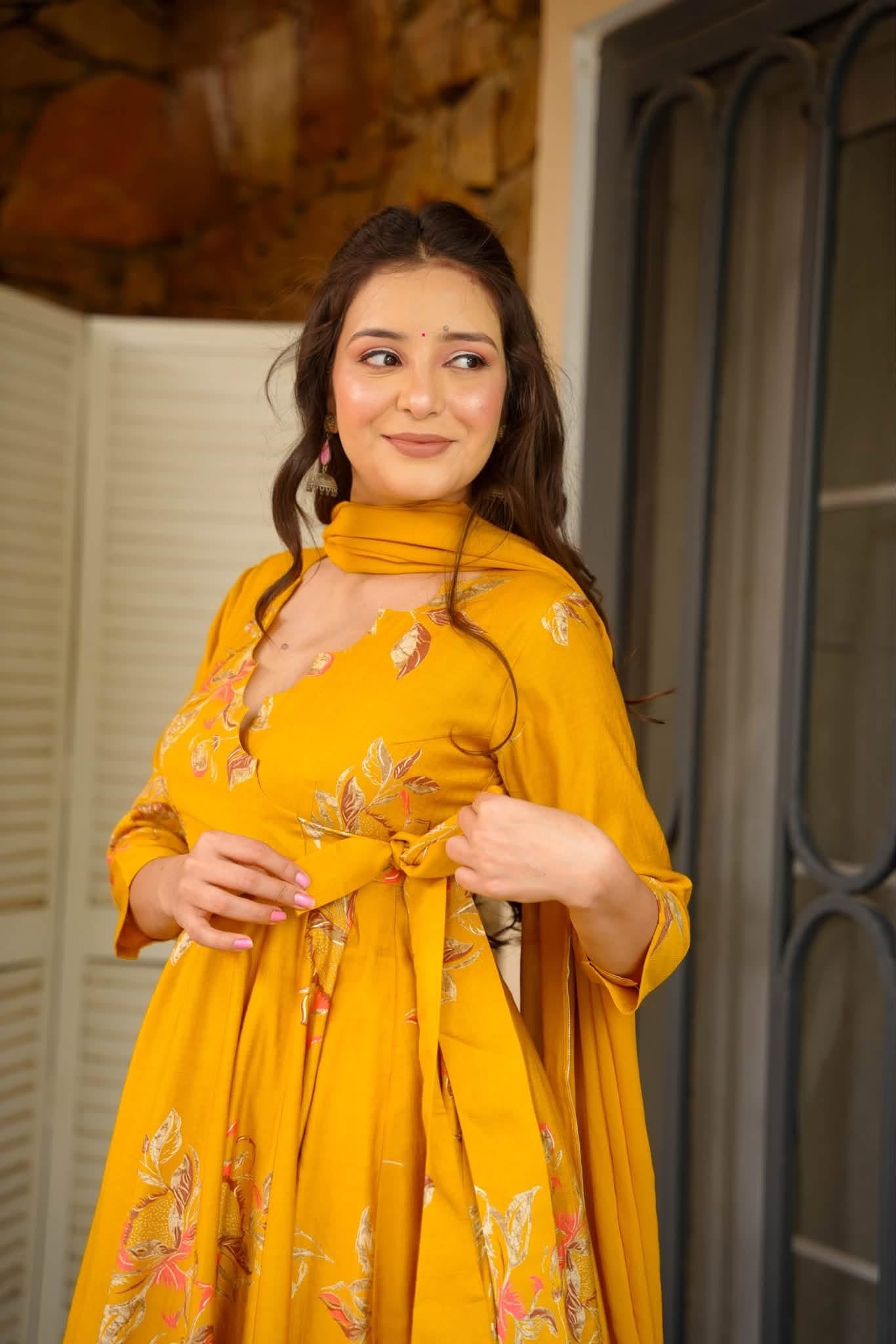 Ritisha Mustard Cotton Anarkali Suit Set