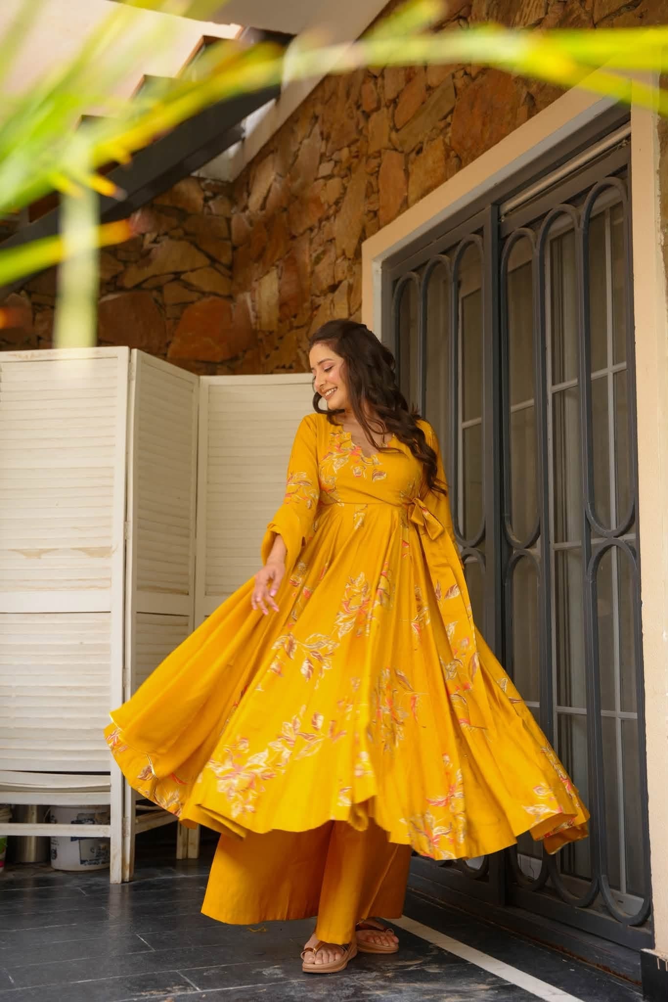 Ritisha Mustard Cotton Anarkali Suit Set