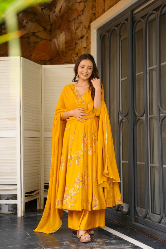 Ritisha Mustard Cotton Anarkali Suit Set