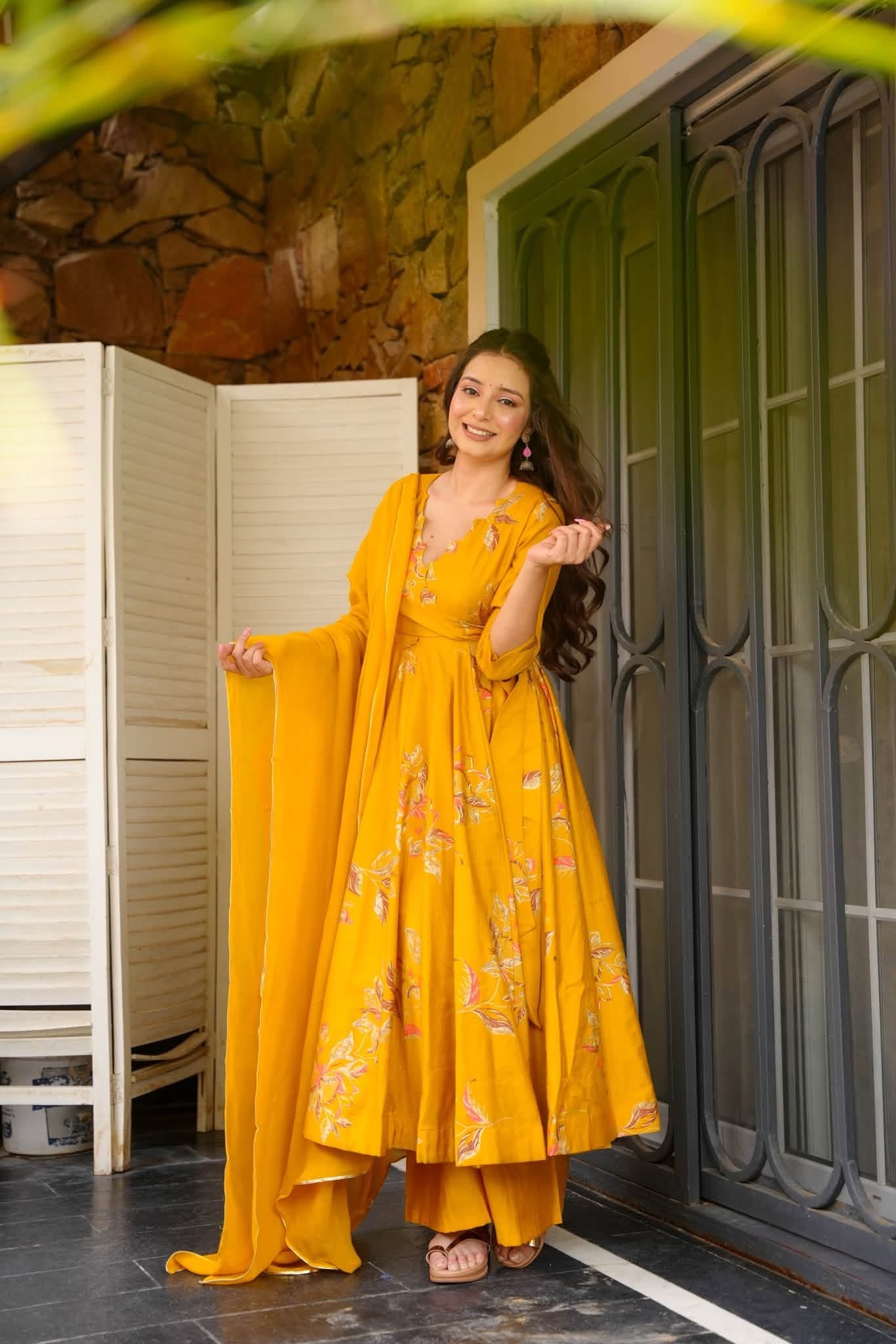 Ritisha Mustard Cotton Anarkali Suit Set