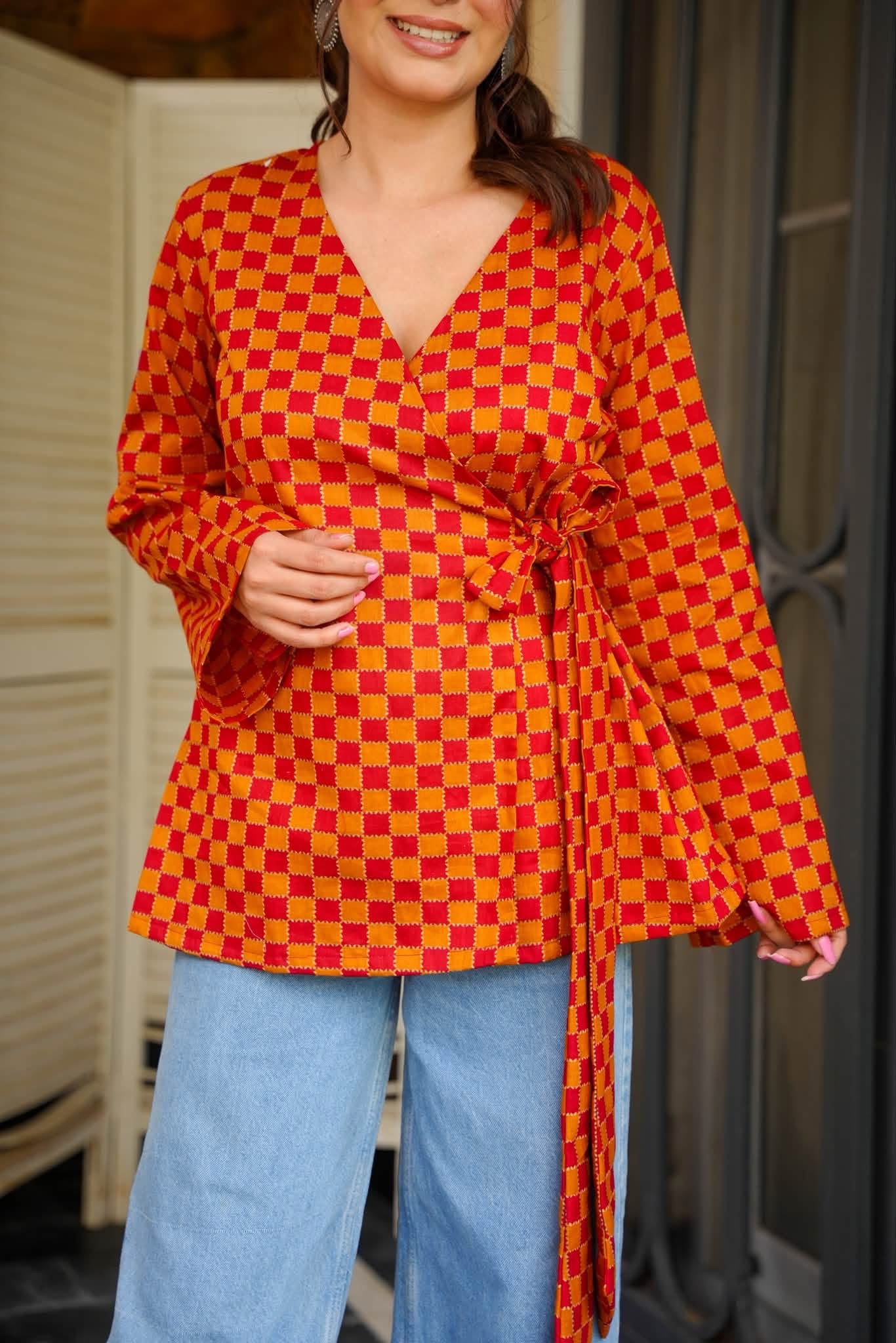 Yuna Checkered Wrap Top