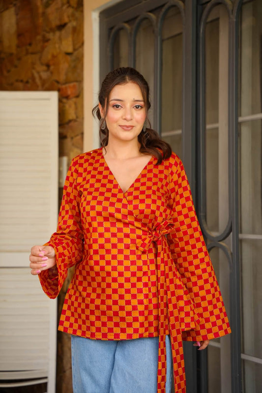 Yuna Checkered Wrap Top