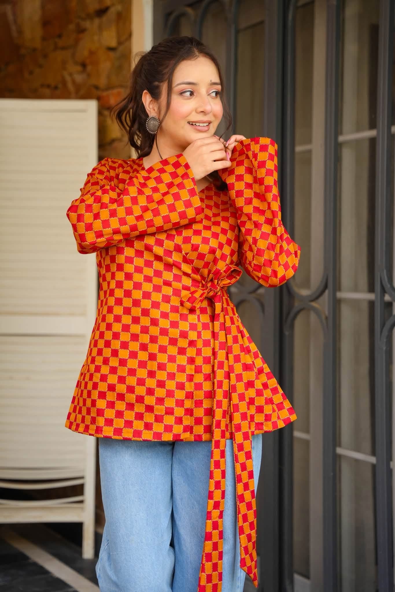 Yuna Checkered Wrap Top