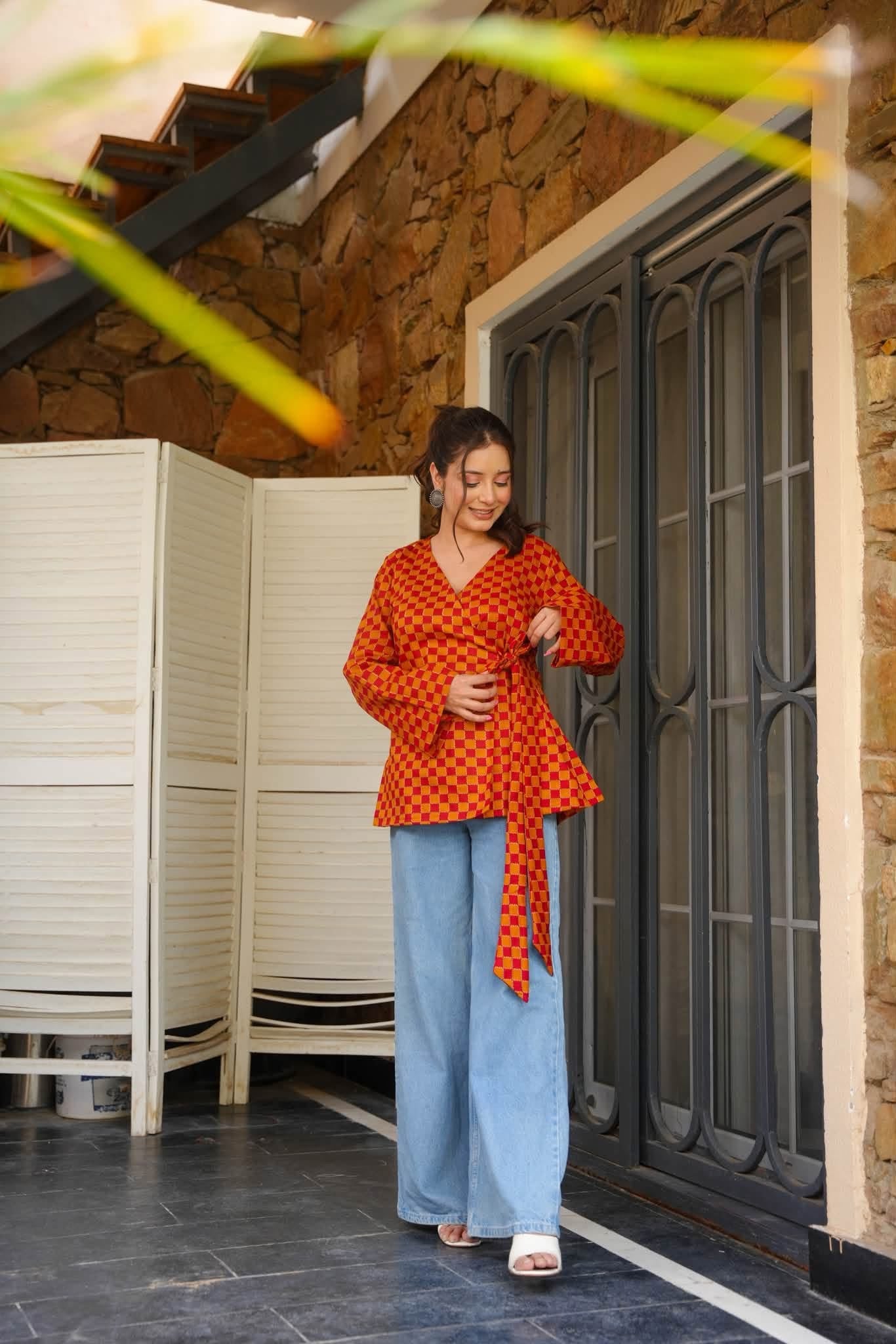 Yuna Checkered Wrap Top