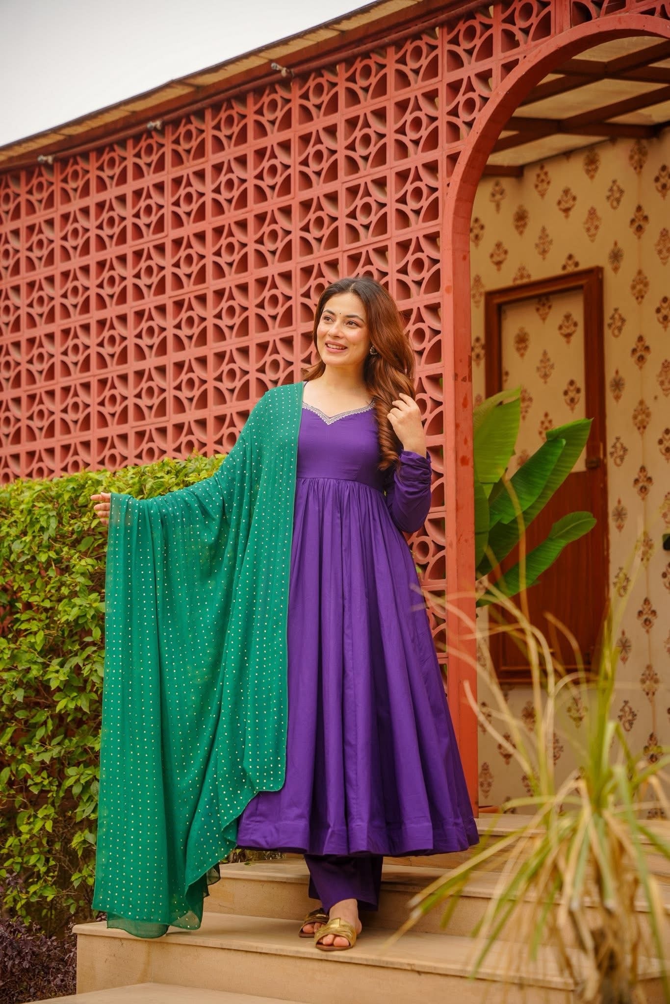 Ojalika Purple Cotton Anarkali Suit Set