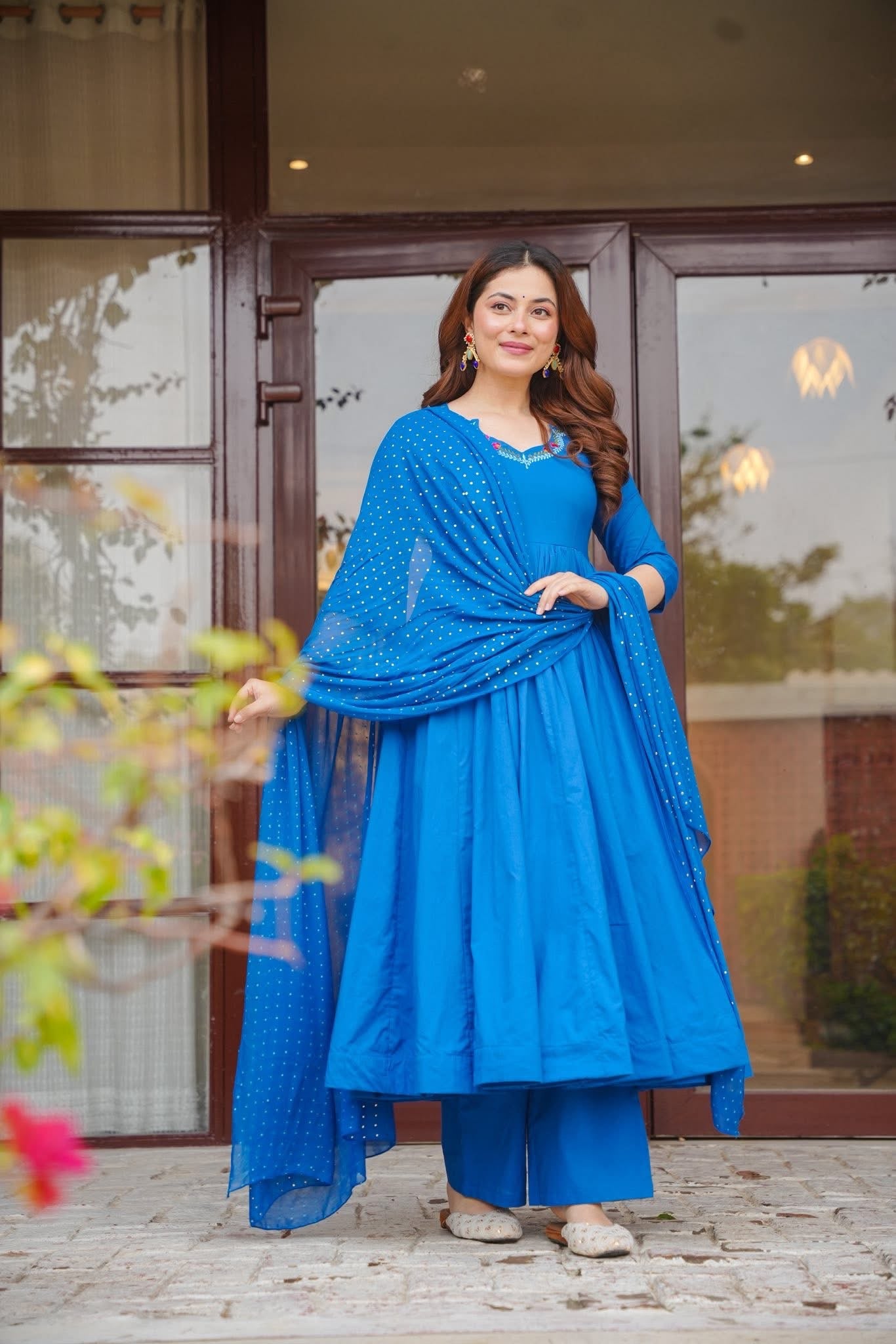 blue dress plus size near me Trendy Art Silk Zari Embroidered Anarkali Suit For Eid In Blue Unstitched main image 1