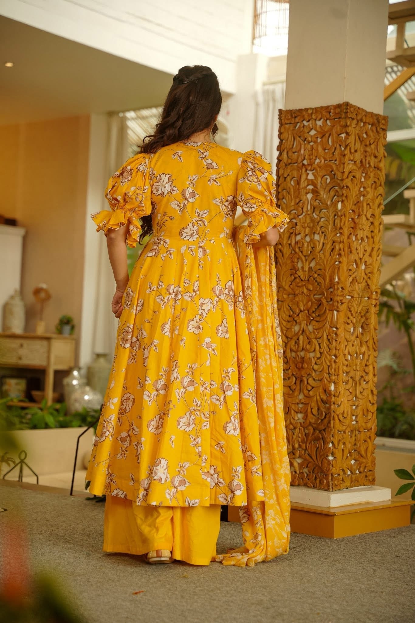 Mysha Yellow Cotton Anarkali Suit Set