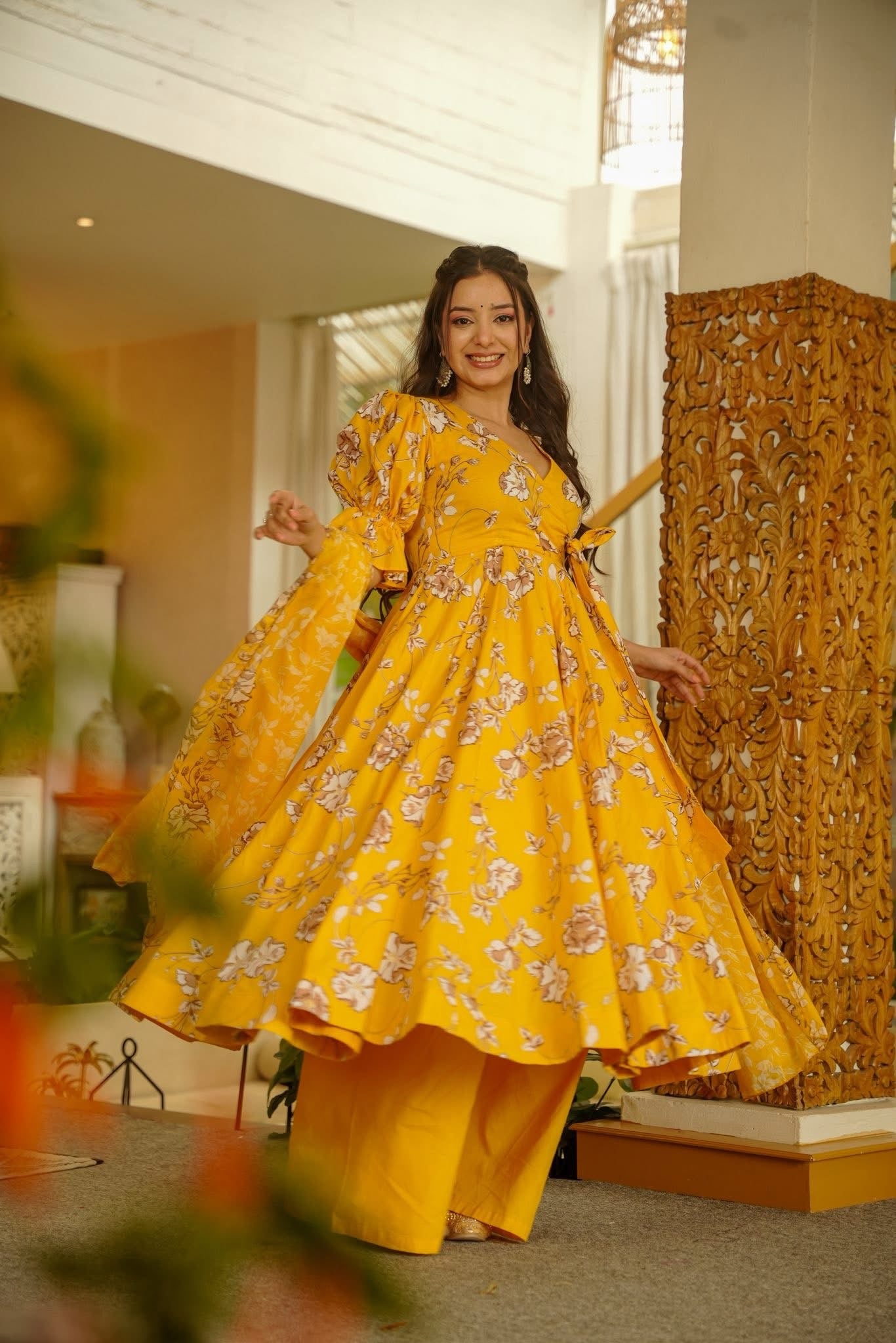 Mysha Yellow Cotton Anarkali Suit Set