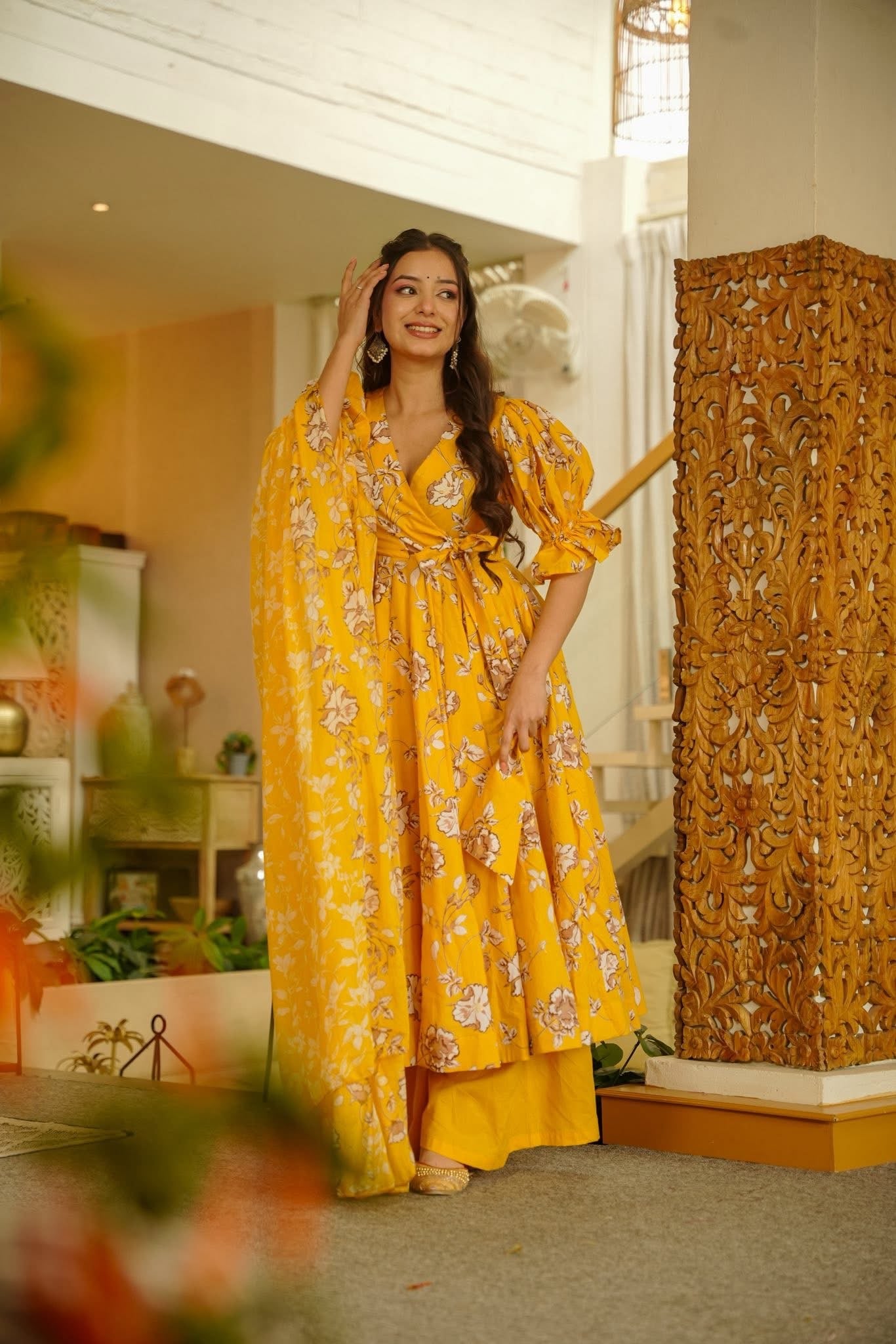 Mysha Yellow Cotton Anarkali Suit Set