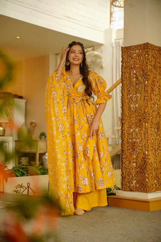 Mysha Yellow Cotton Anarkali Suit Set